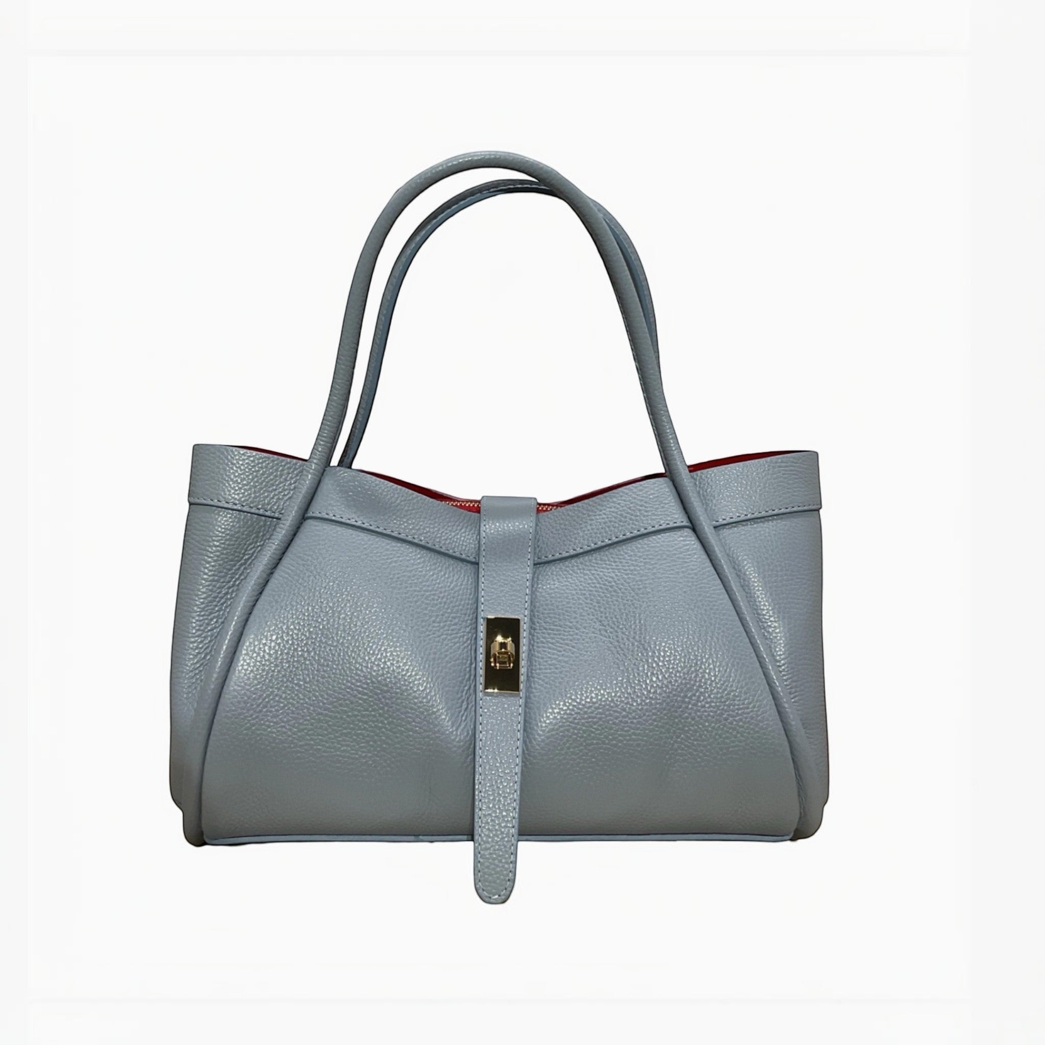 Sac cuir grainé mini Hugo LOUISA LEE bleu ciel avec fermoir doré et doublure rouge.
