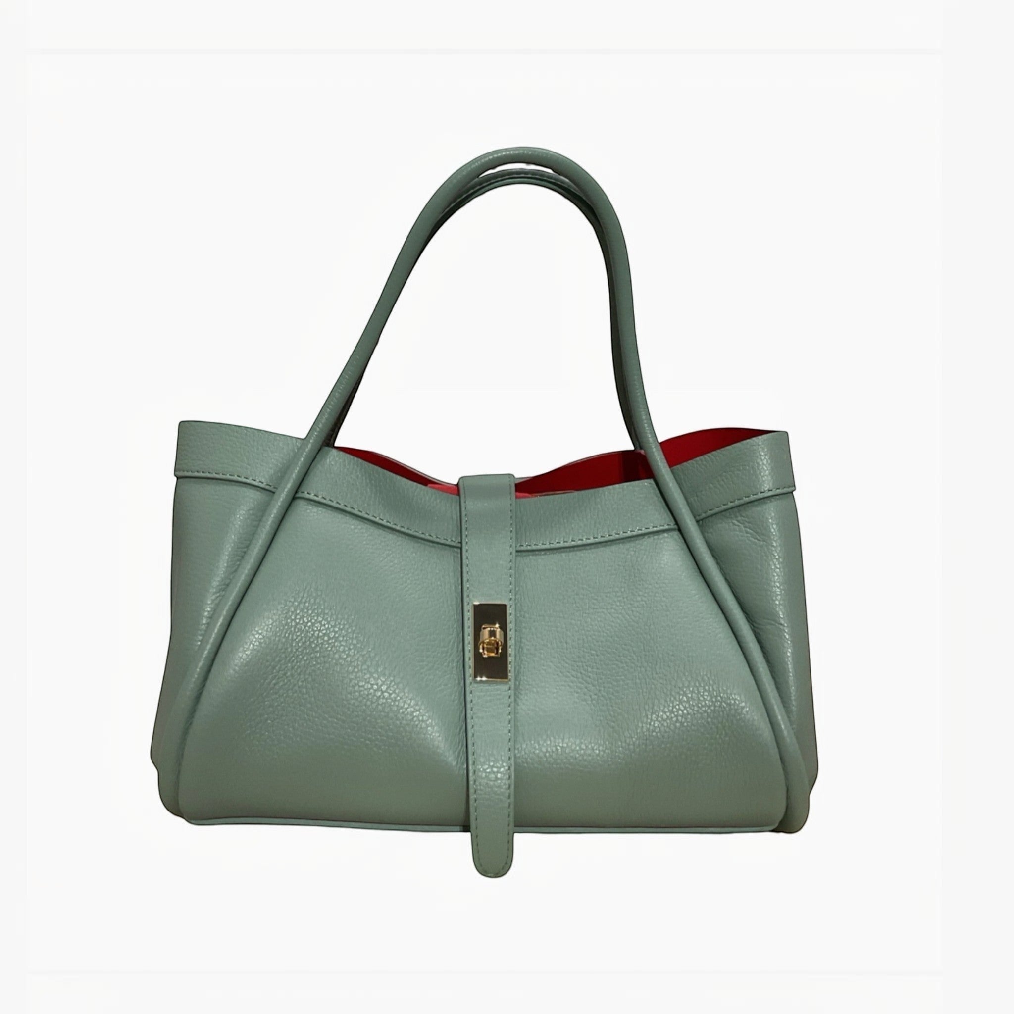 Sac mini Hugo LOUISA LEE en cuir grainé bleu sarcelle avec doublure rouge et fermoir doré.