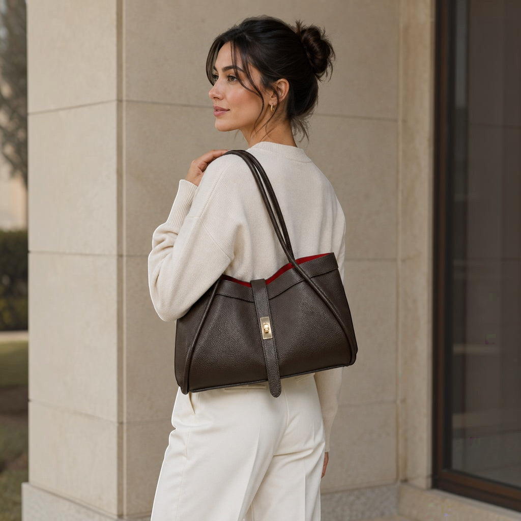Sac cuir grainé mini Hugo LOUISA LEE marron foncé avec doublure rouge et fermoir doré.