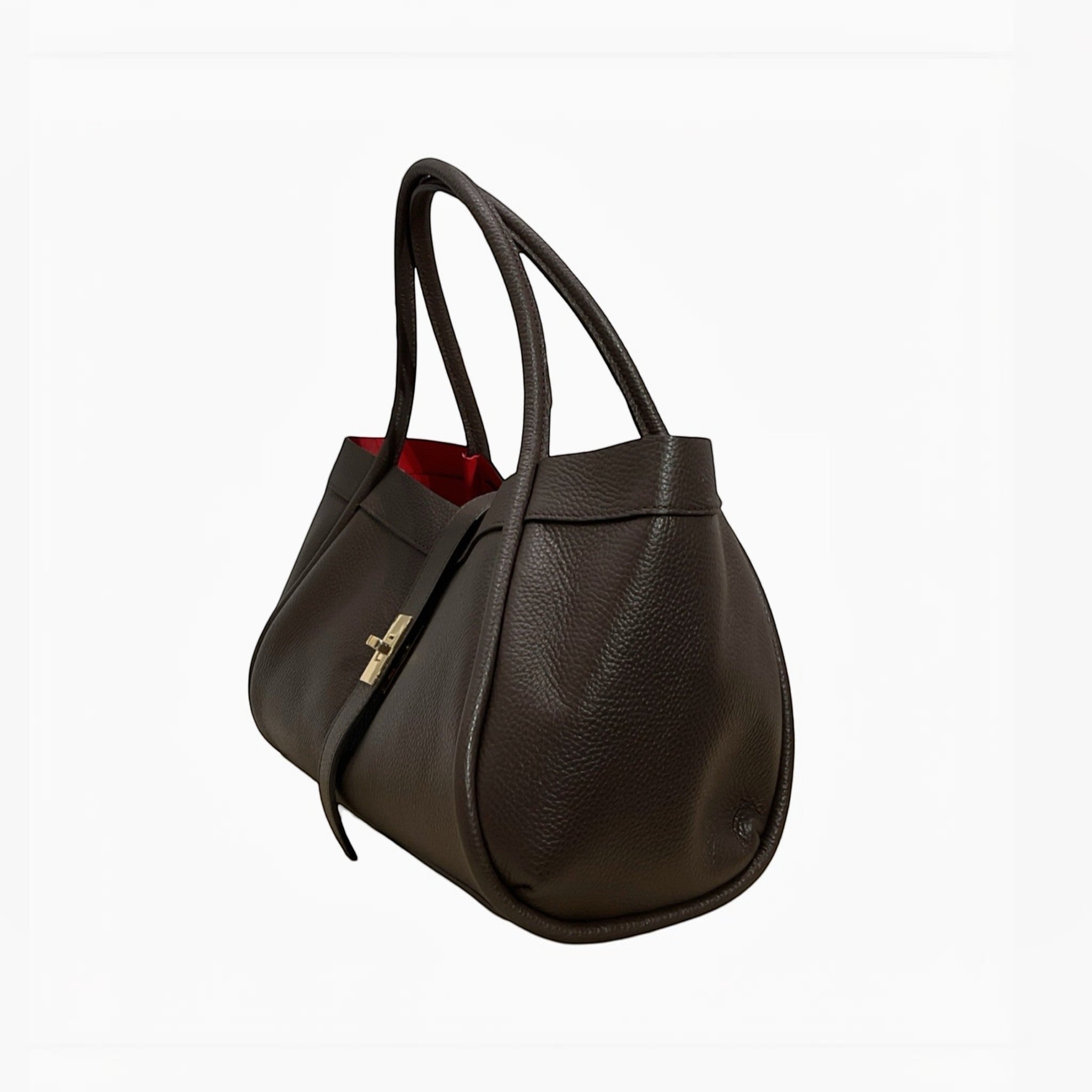 Sac mini Hugo LOUISA LEE en cuir grainé marron foncé avec doublure rouge vif, fabrication italienne par