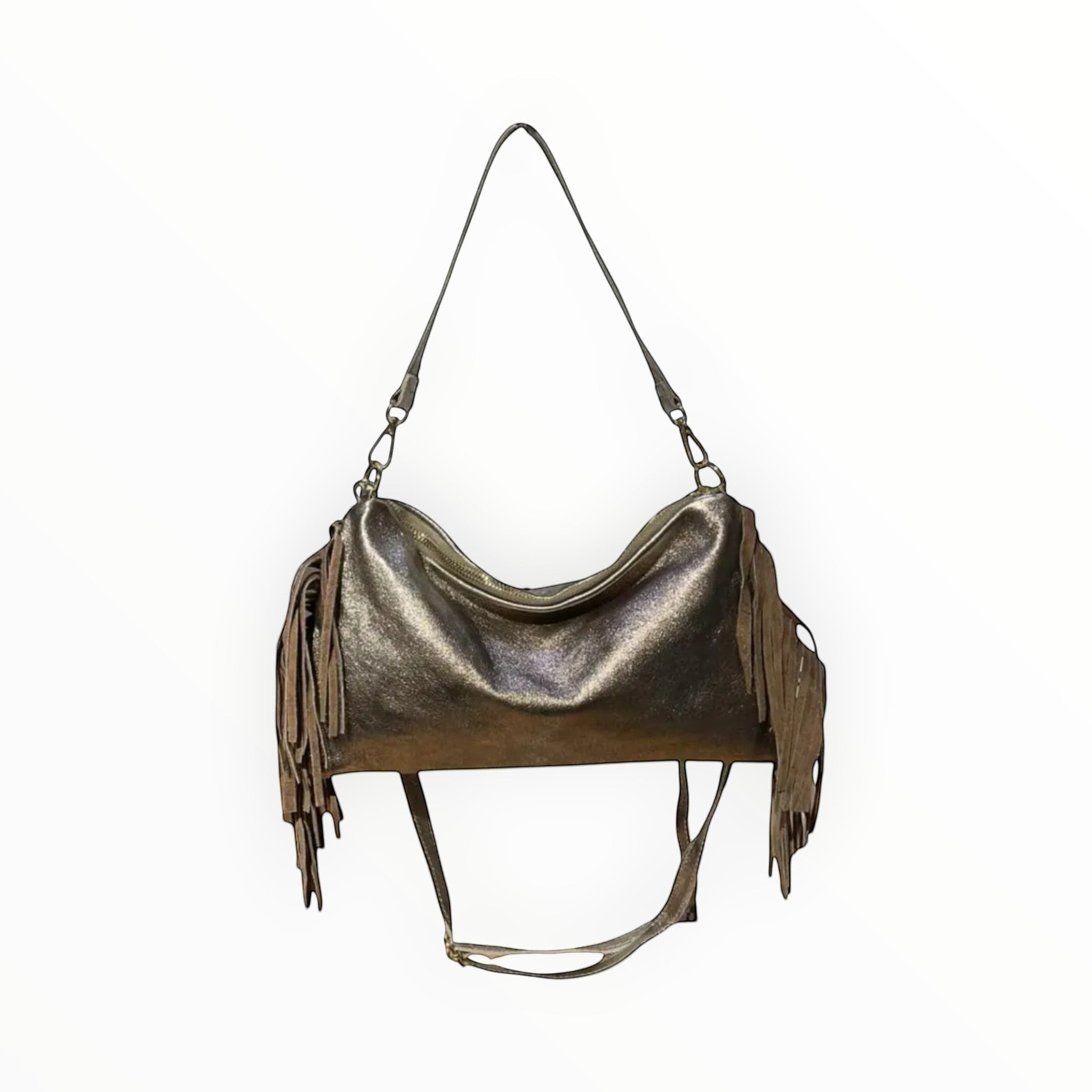 Sac bandoulière LOUISA LEE en cuir irisé bronze avec franges, fabrication italienne.