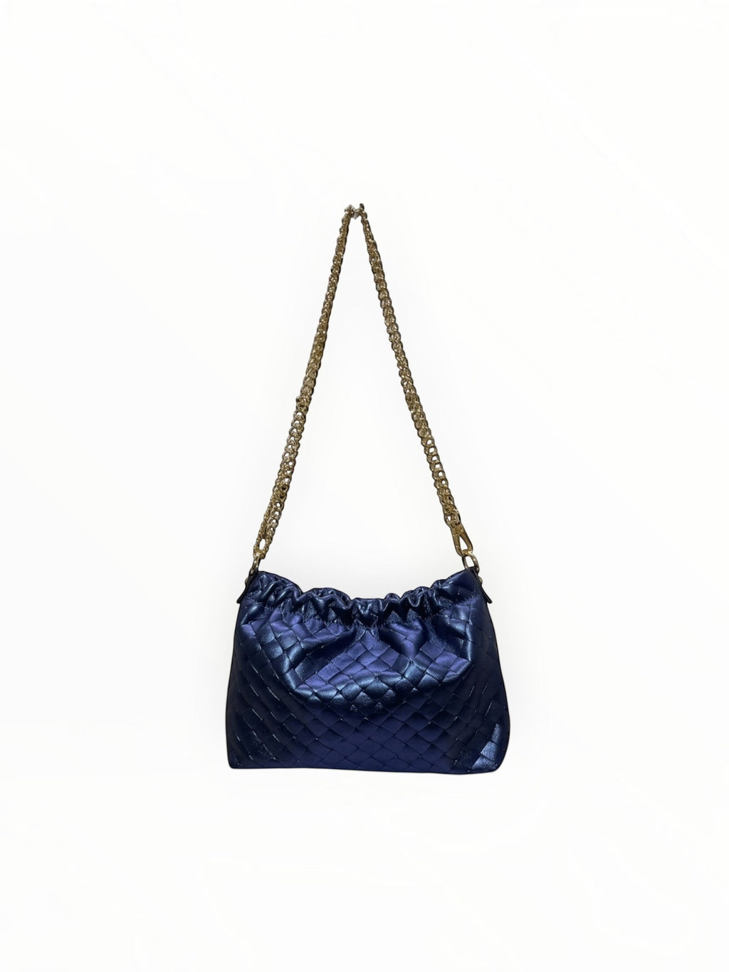 Sac à main LOUISA LEE en cuir de vachette irisé bleu avec effet plissé et bandoulière chaîne dorée