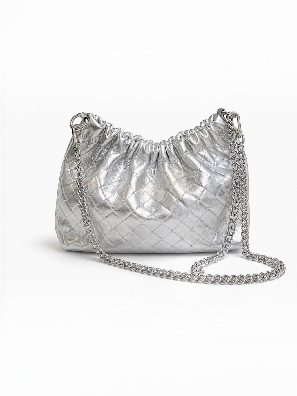 Sac à main  LOUISA LEE en cuir de vachette irisé argenté avec effet matelassé et bandoulière chaîne
