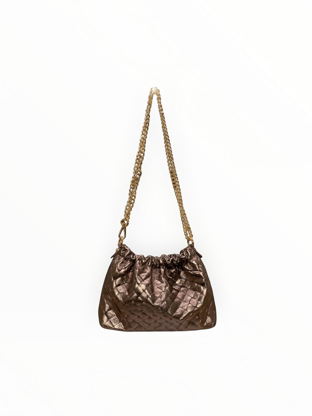 Sac à main LOUISA LEE en cuir de vachette irisé bronze avec effet plissé et bandoulière chaîne dorée