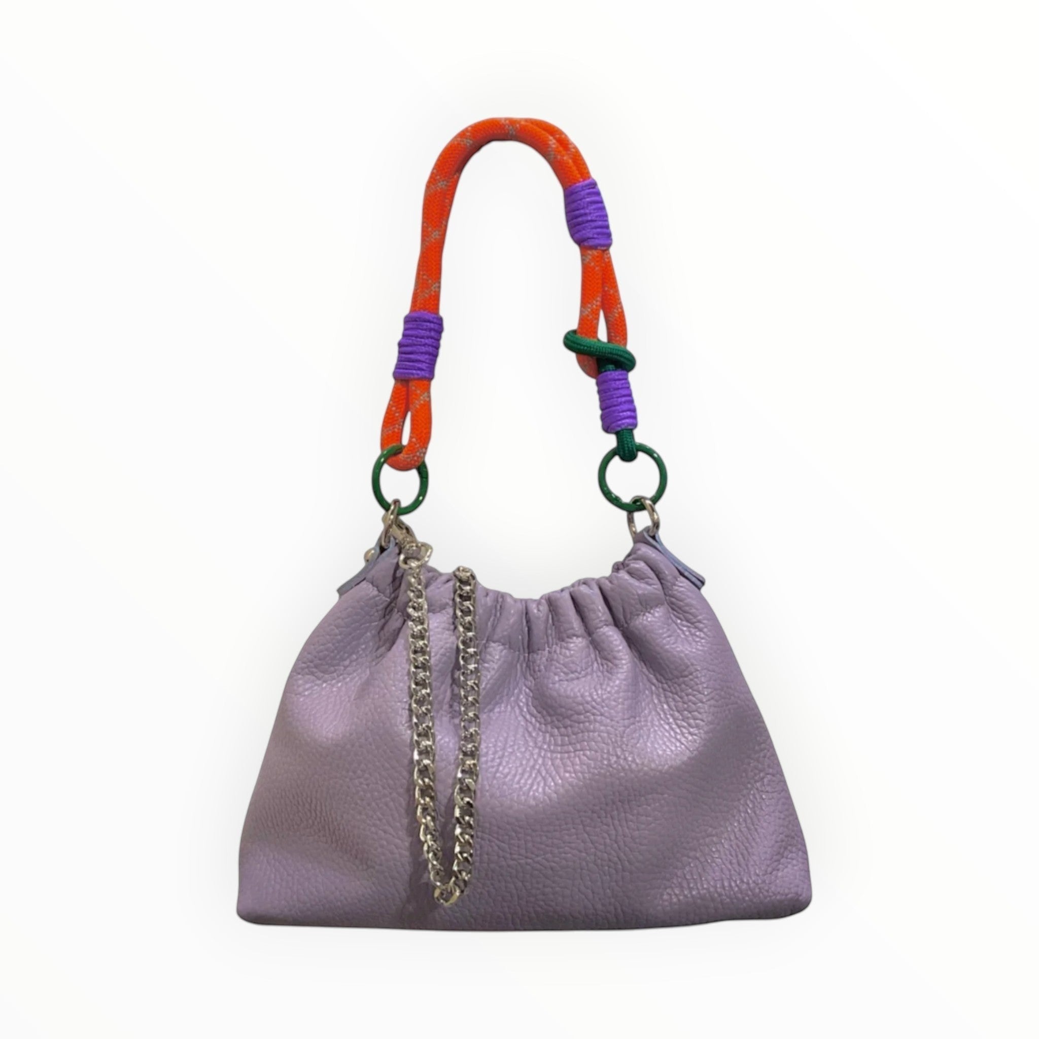 Sac bandoulière LOUISA LEE en cuir grainé lilas avec anse cordon orange et violet, chaîne amovible.