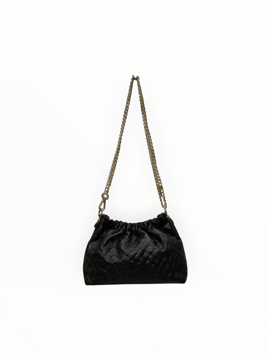 Sac à main  LOUISA LEE en cuir de vachette noir irisé avec effet plissé et bandoulière en chaîne dorée