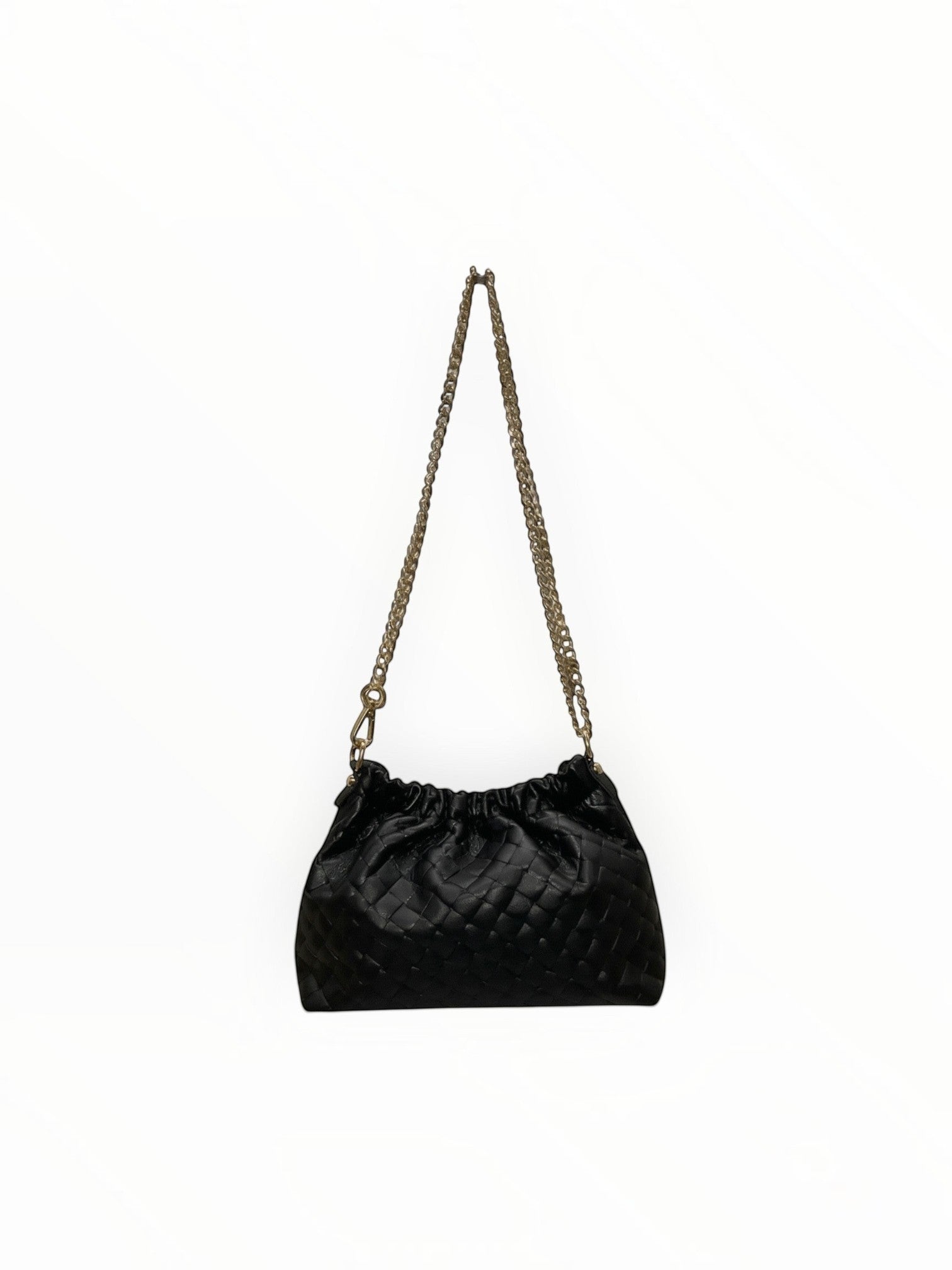 Sac à main  LOUISA LEE en cuir de vachette noir irisé avec effet plissé et bandoulière en chaîne dorée
