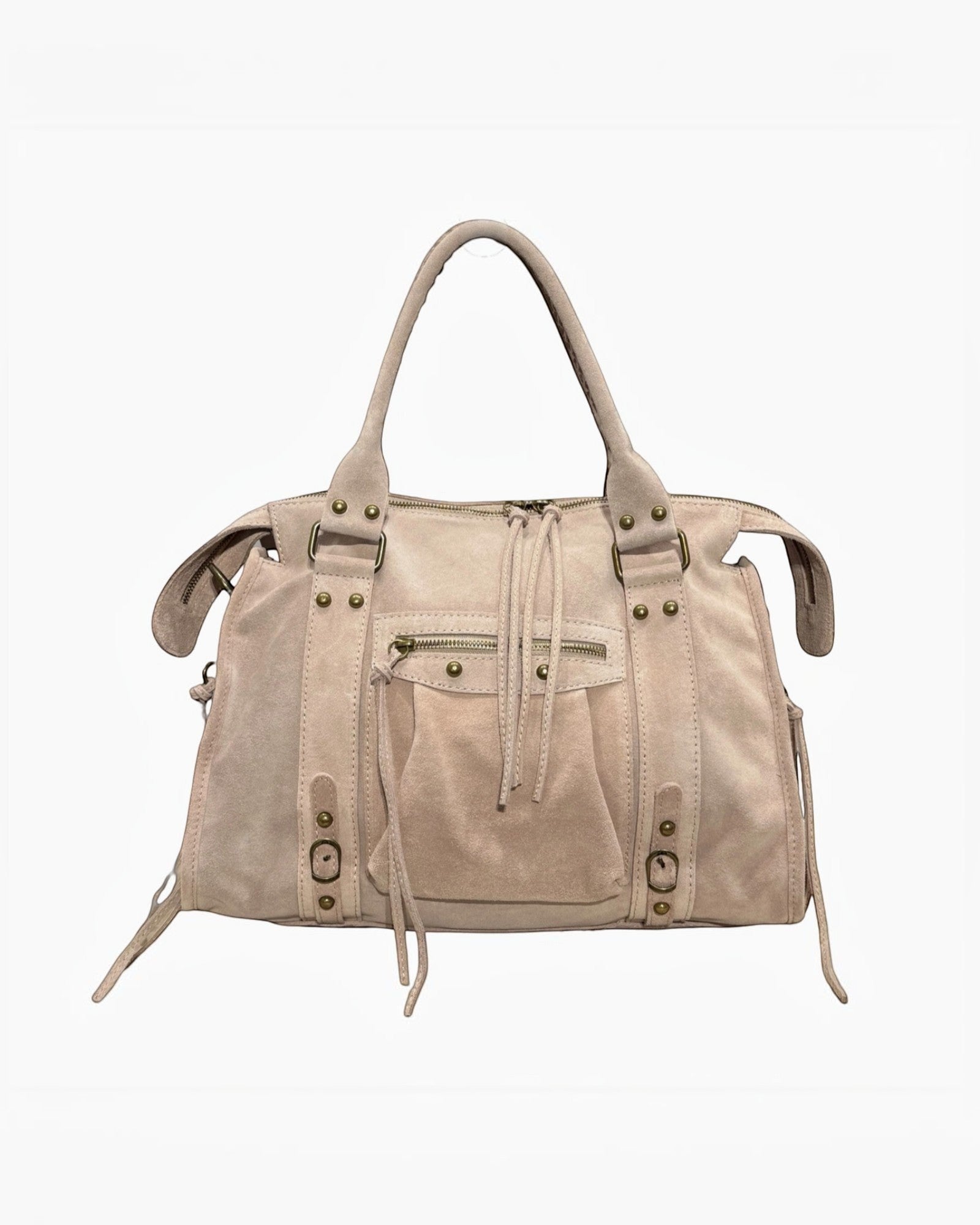 Sac à main LOUISA LEE en cuir suède beige, grand format avec poches zippées et détails boucle.