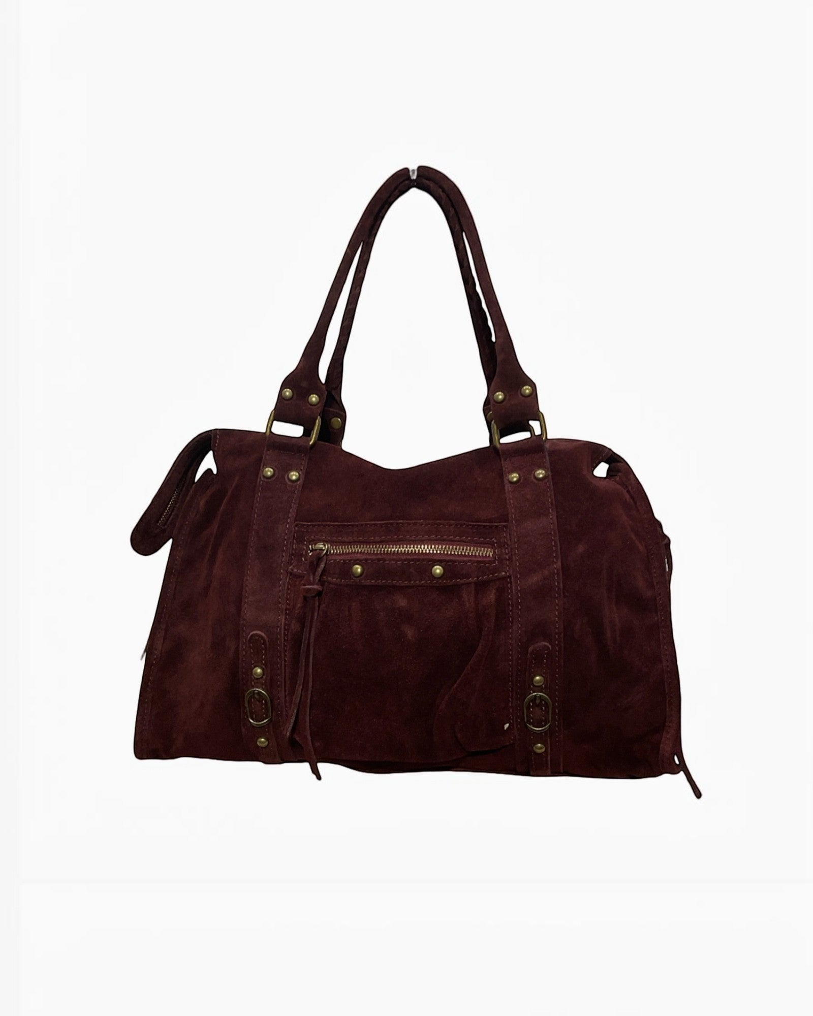 Sac à main LOUISA LEE en cuir suède bordeaux, grand format avec fermeture éclair et poches extérieures.