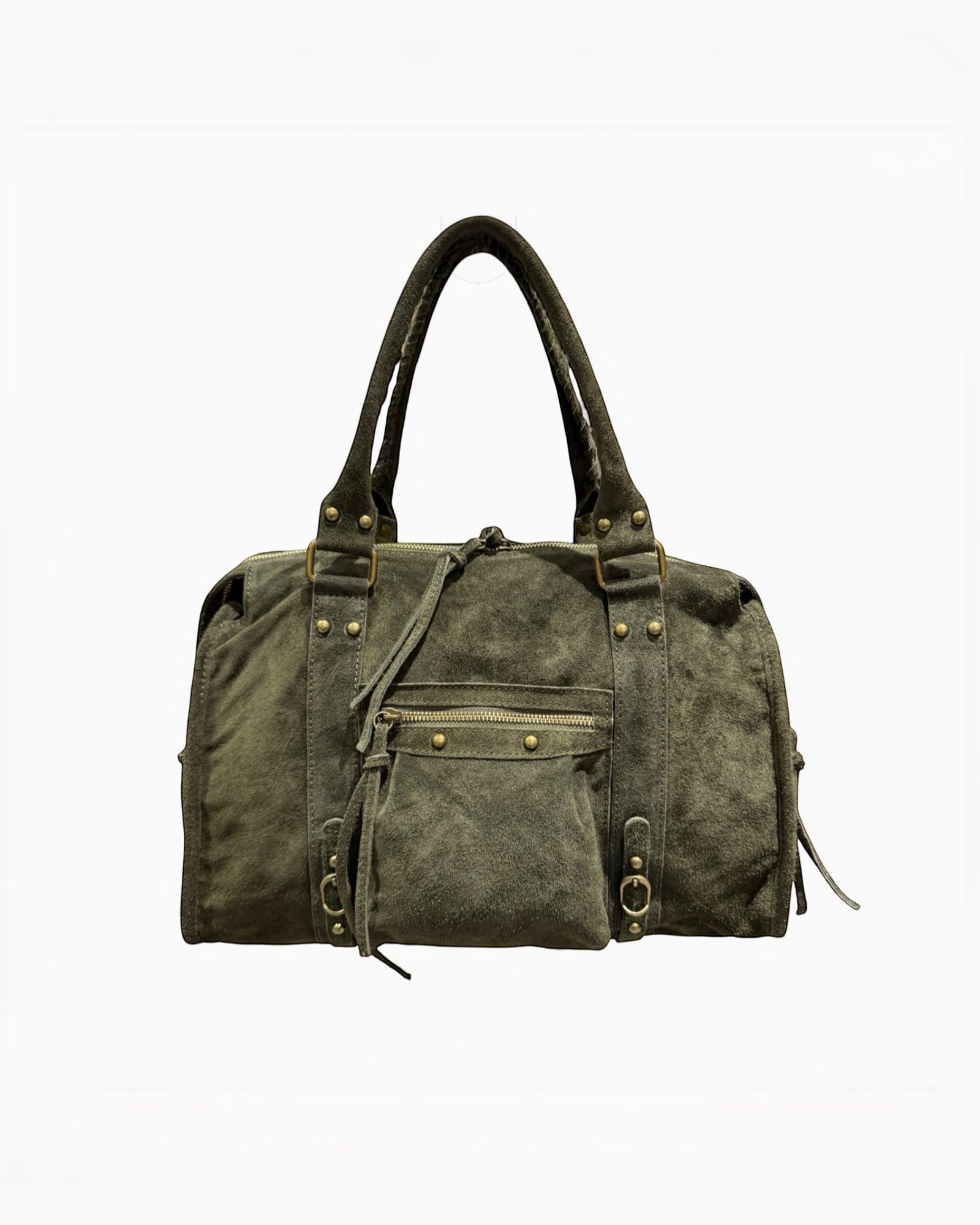Sac fourre-tout LOUISA LEE Capucine Large en cuir suède kaki avec poches zippées et détails métalliques.