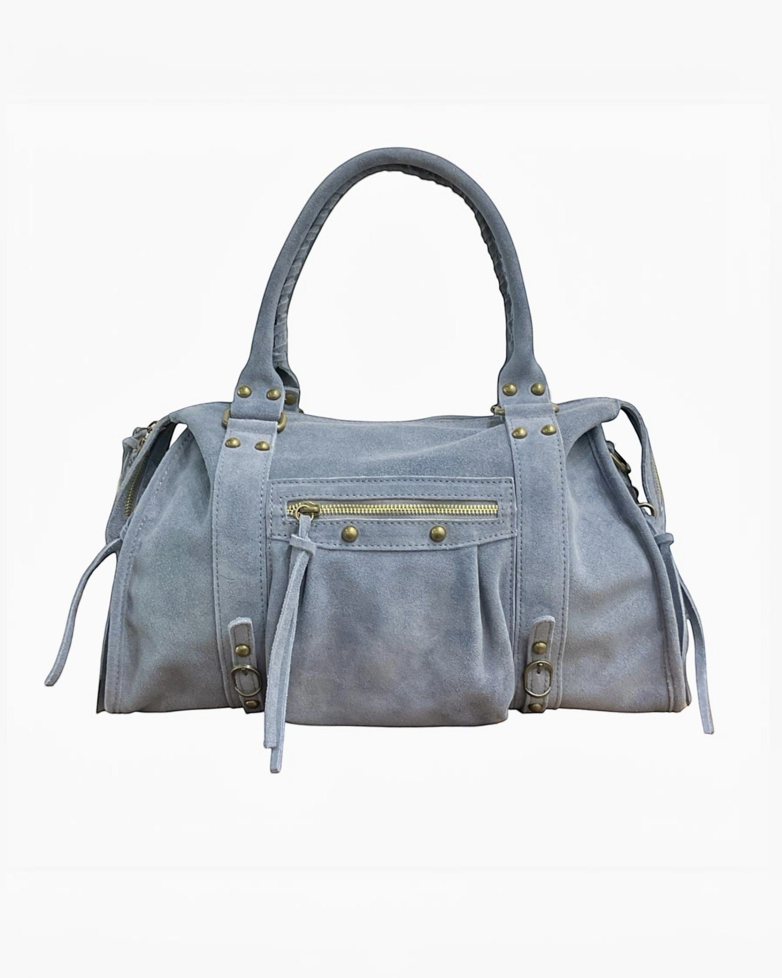 Sac à main gris en cuir suède LOUISA LEE Capucine Large, fabrication italienne, idéal pour le travail.