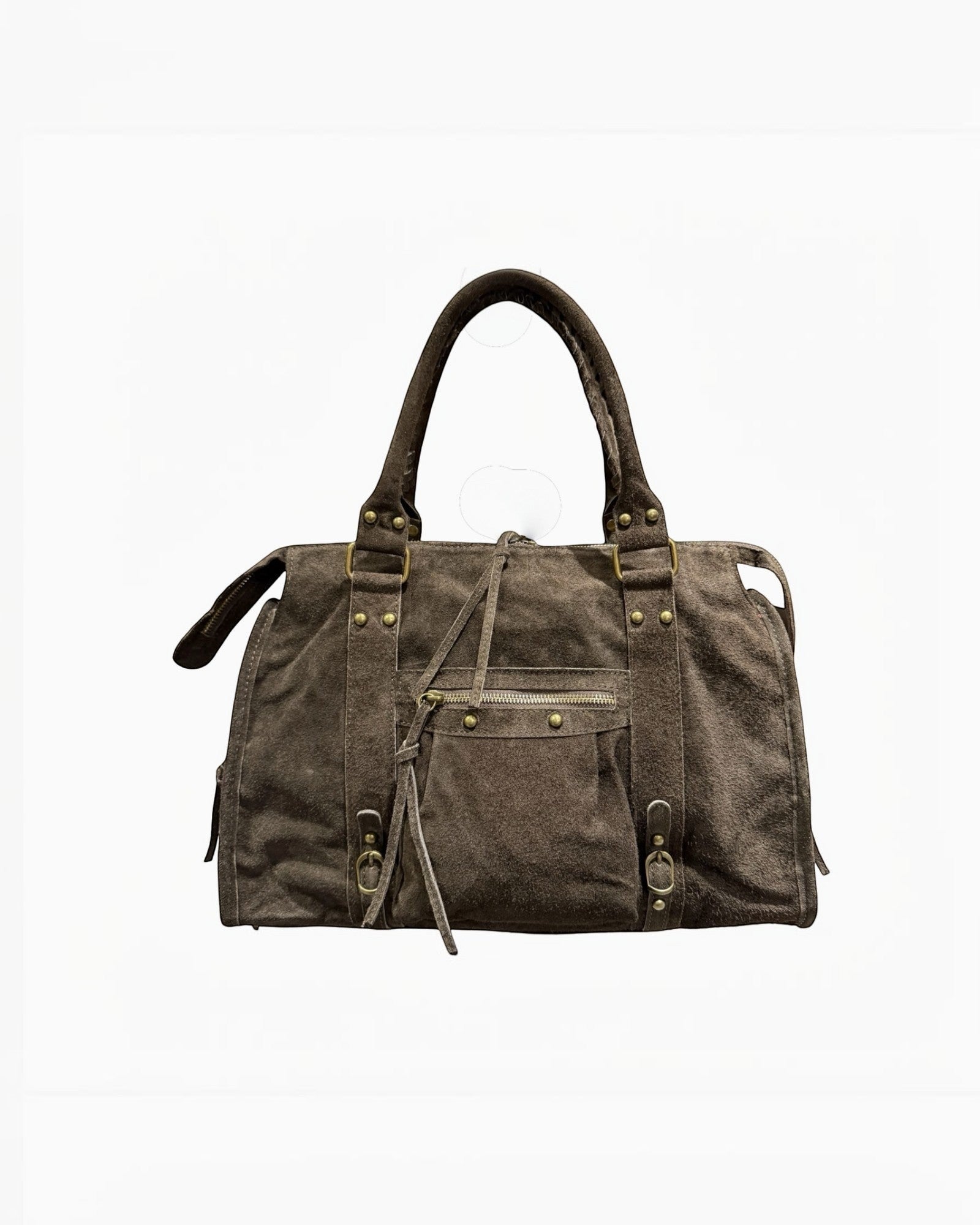 Sac à main marron foncé en cuir suède LOUISA LEE Capucine Large, fabrication italienne, idéal pour le travail.