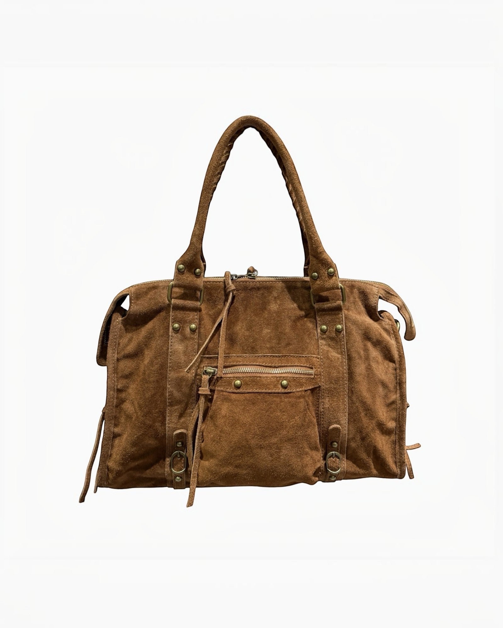 Sac cabas large en cuir suède marron LOUISA LEE avec détails zippés et boucles métalliques. Idéal pour le travail.