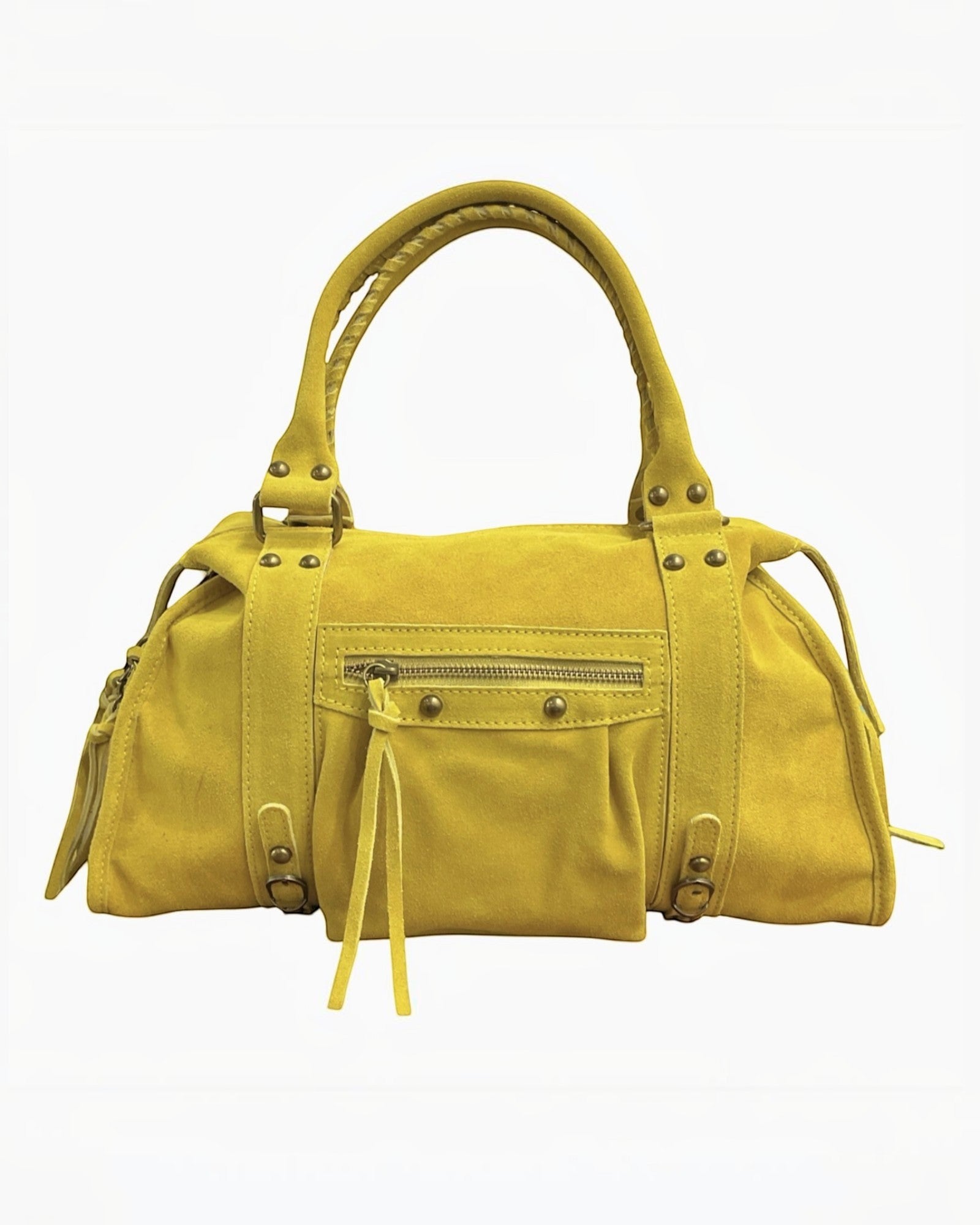 Sac à main jaune moutarde en cuir suède LOUISA LEE, grand format avec poches zippées et détails boucle.