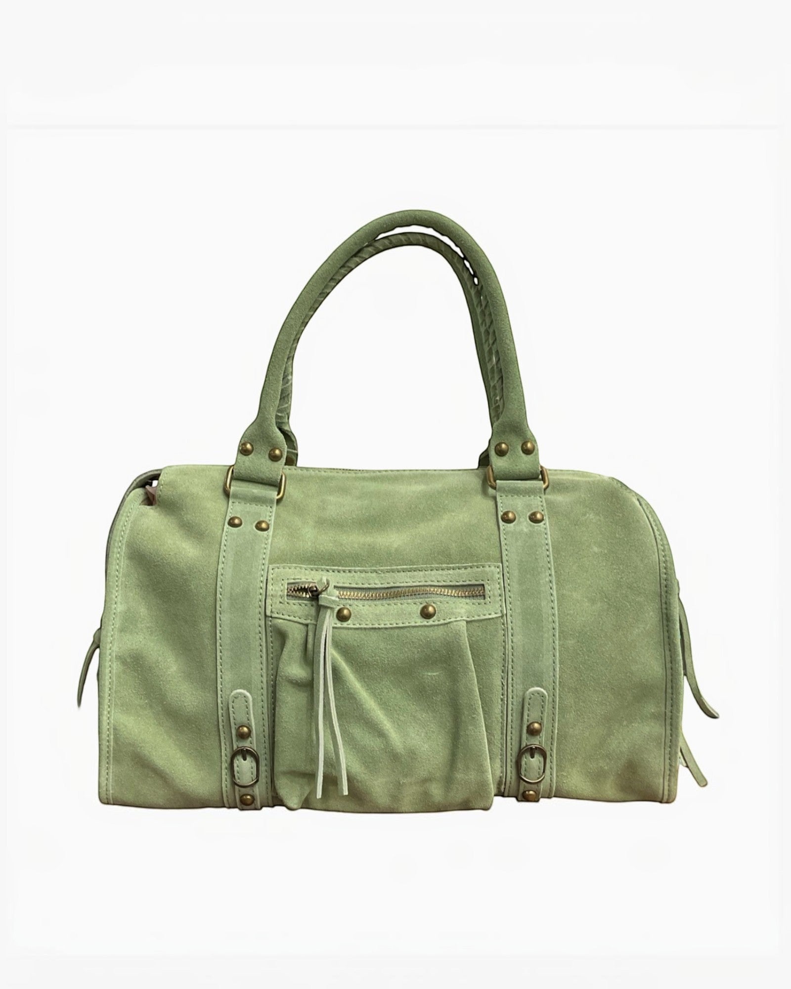 Sac fourre-tout vert menthe en cuir suède LOUISA LEE Capucine Large avec détails zippés et boucles.