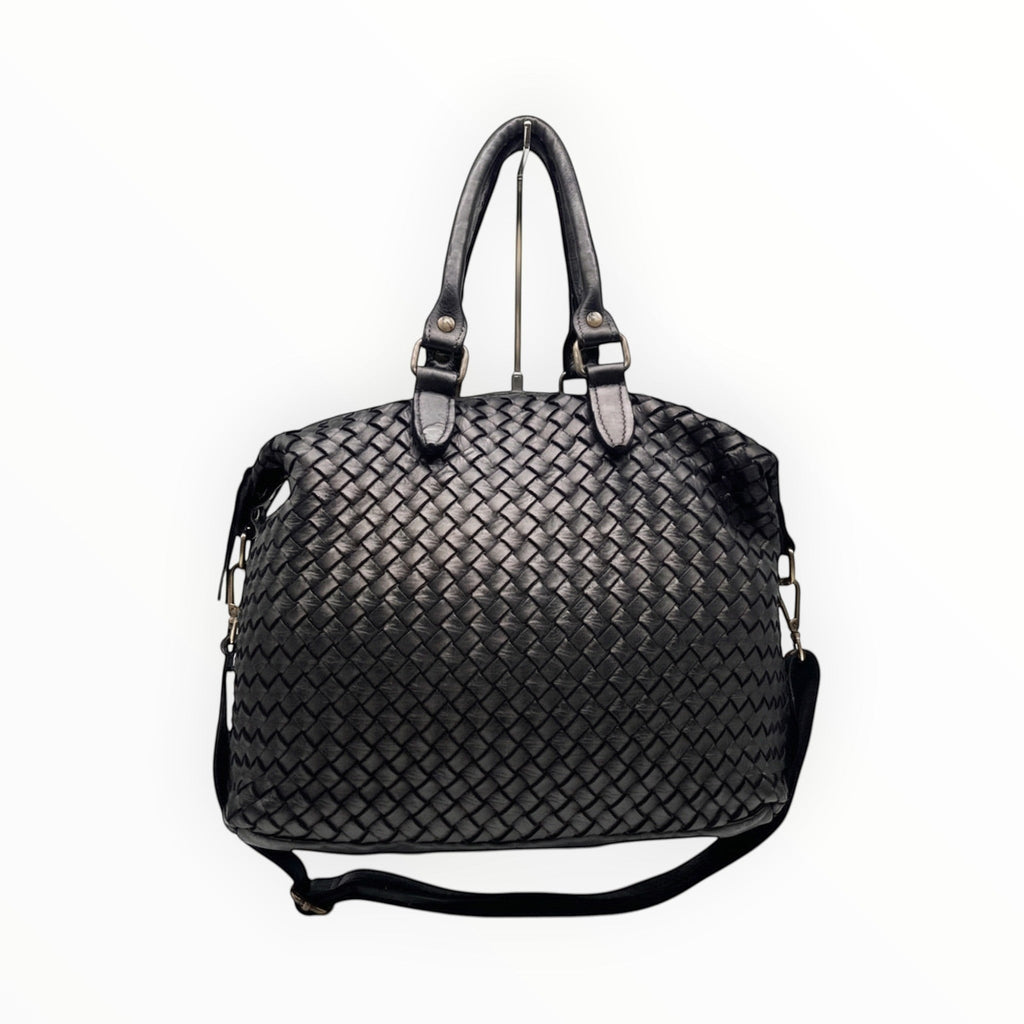 Sac LOUISA LEE Luz noir en cuir de vachette tressé washed, fabrication italienne élégante et spacieuse.