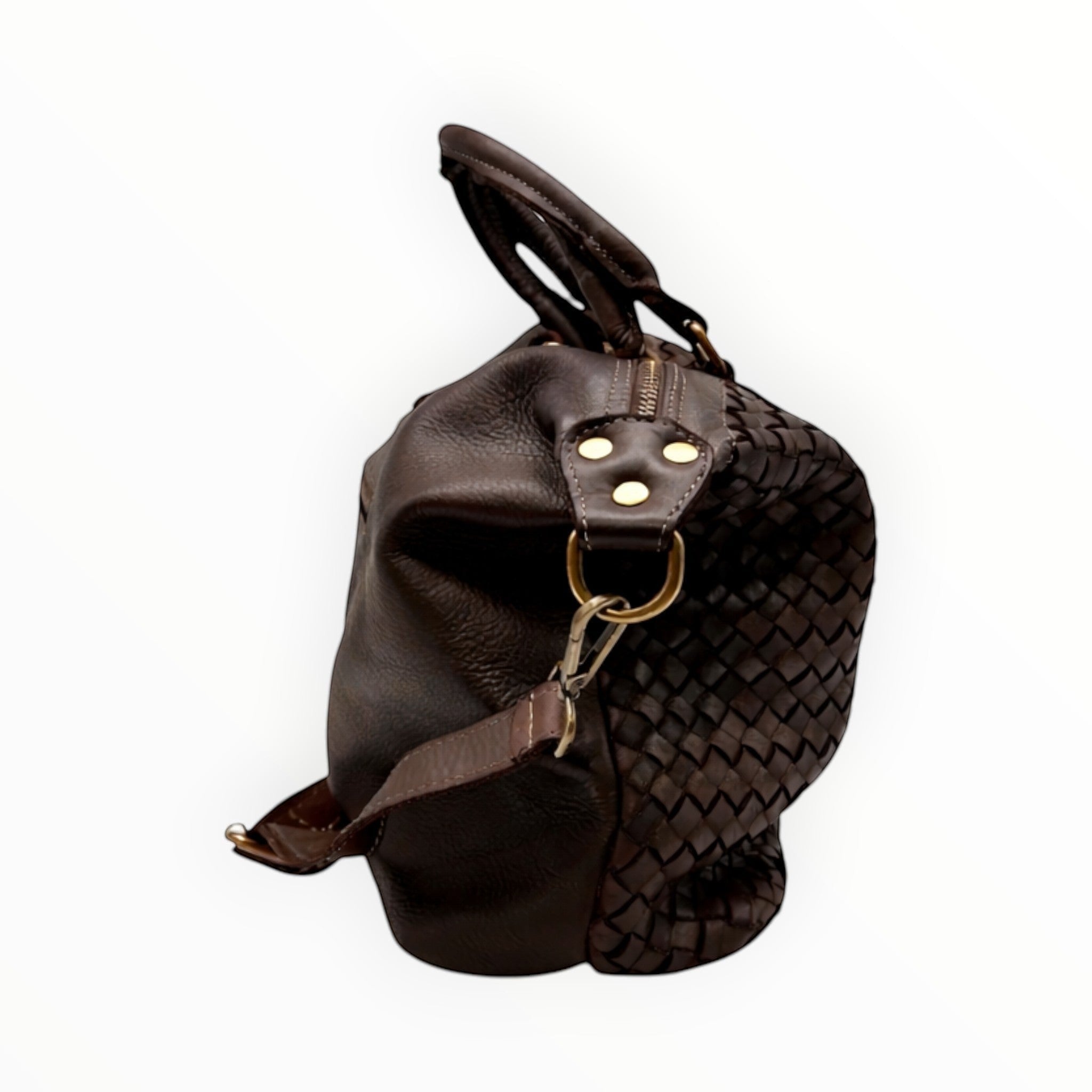 Sac LOUISA LEE Luz par en cuir de vachette tressé marron, style artisanal italien avec finitions métalliques.