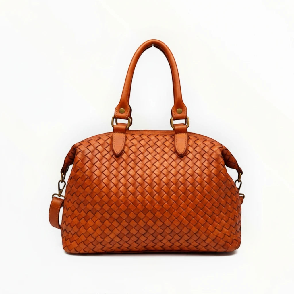 Sac à main  LOUISA LEE en cuir de vachette tressé washed marron, fabrication italienne élégante.