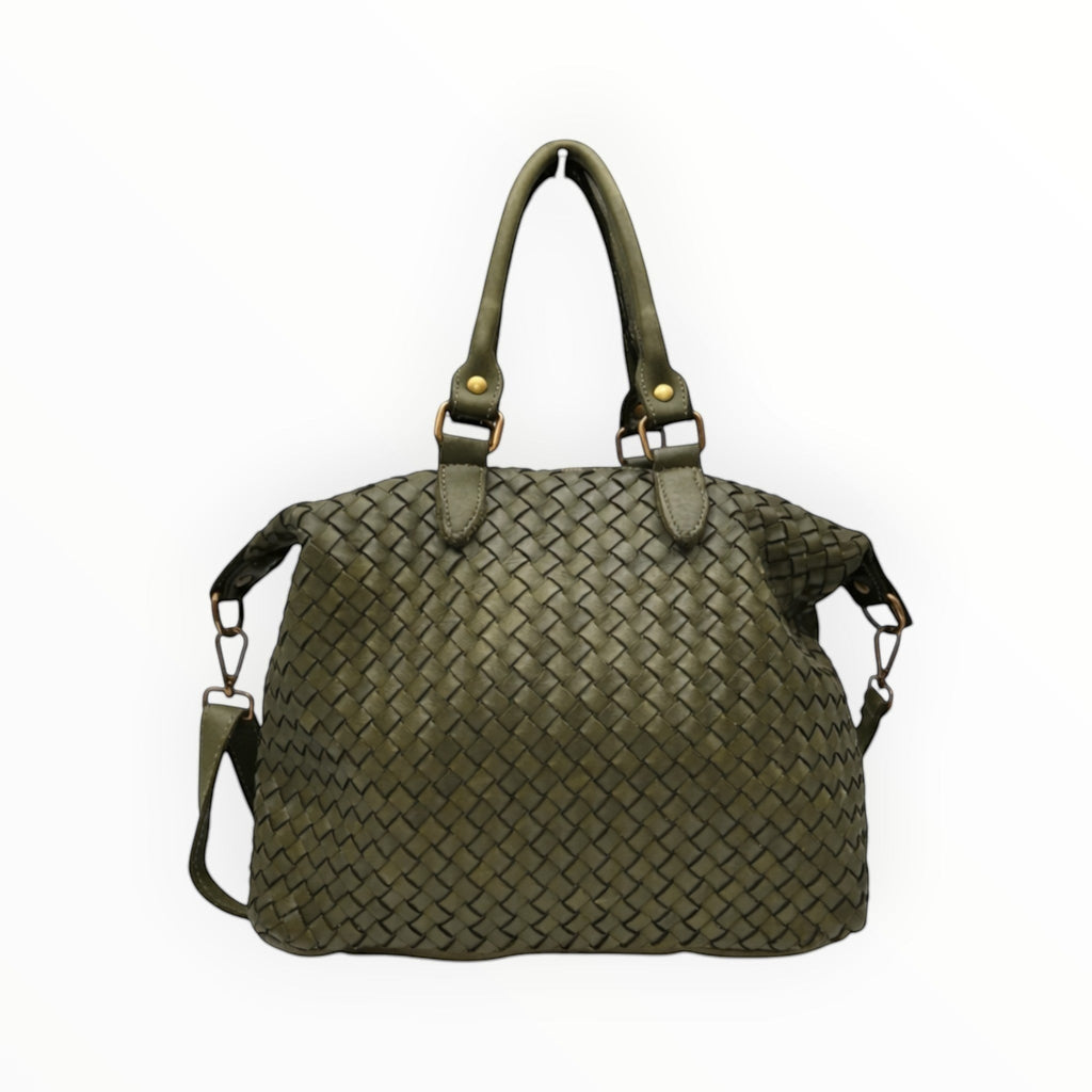 Sac LUZ LOUISA LEE par en cuir de vachette tressé vert olive, fabriqué en Italie avec doublure en coton.