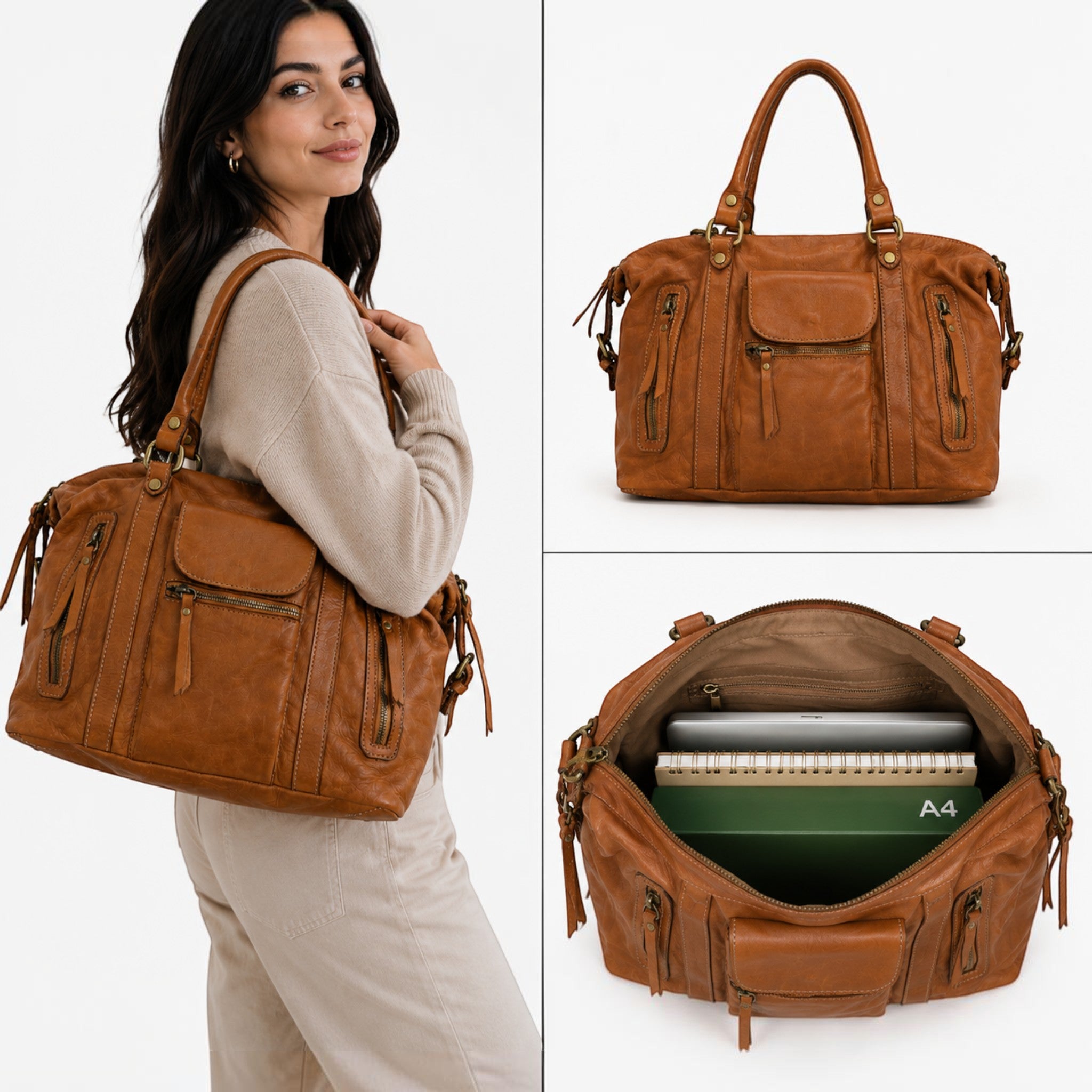 Grand cabas LOUISA LEE Margot en cuir de vachette washed marron avec poches zippées, porté par une femme.