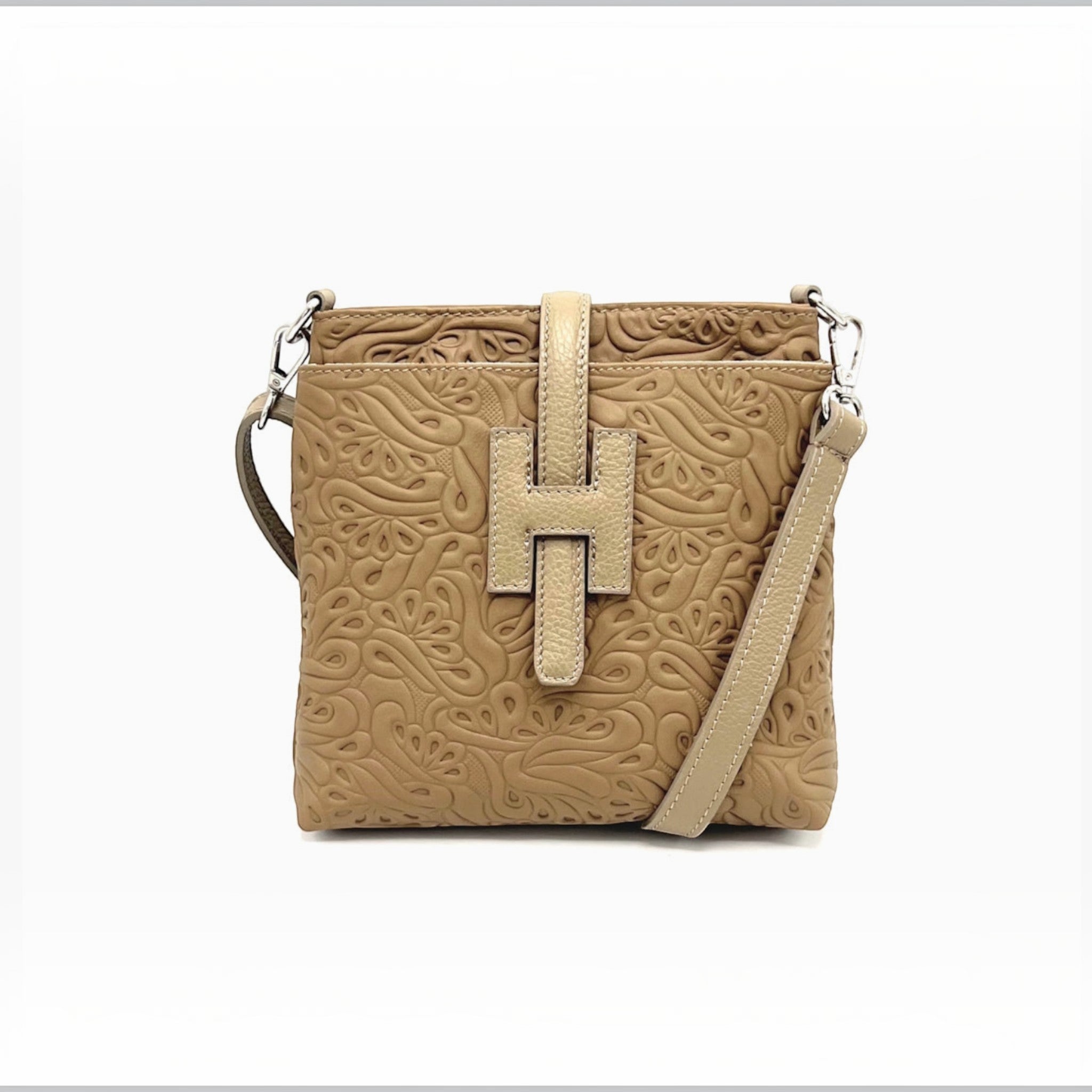 Sac d'épaule  SUIE VALENTINI en cuir beige imprimé, fabriqué à la main en Italie avec bandoulière réglable.