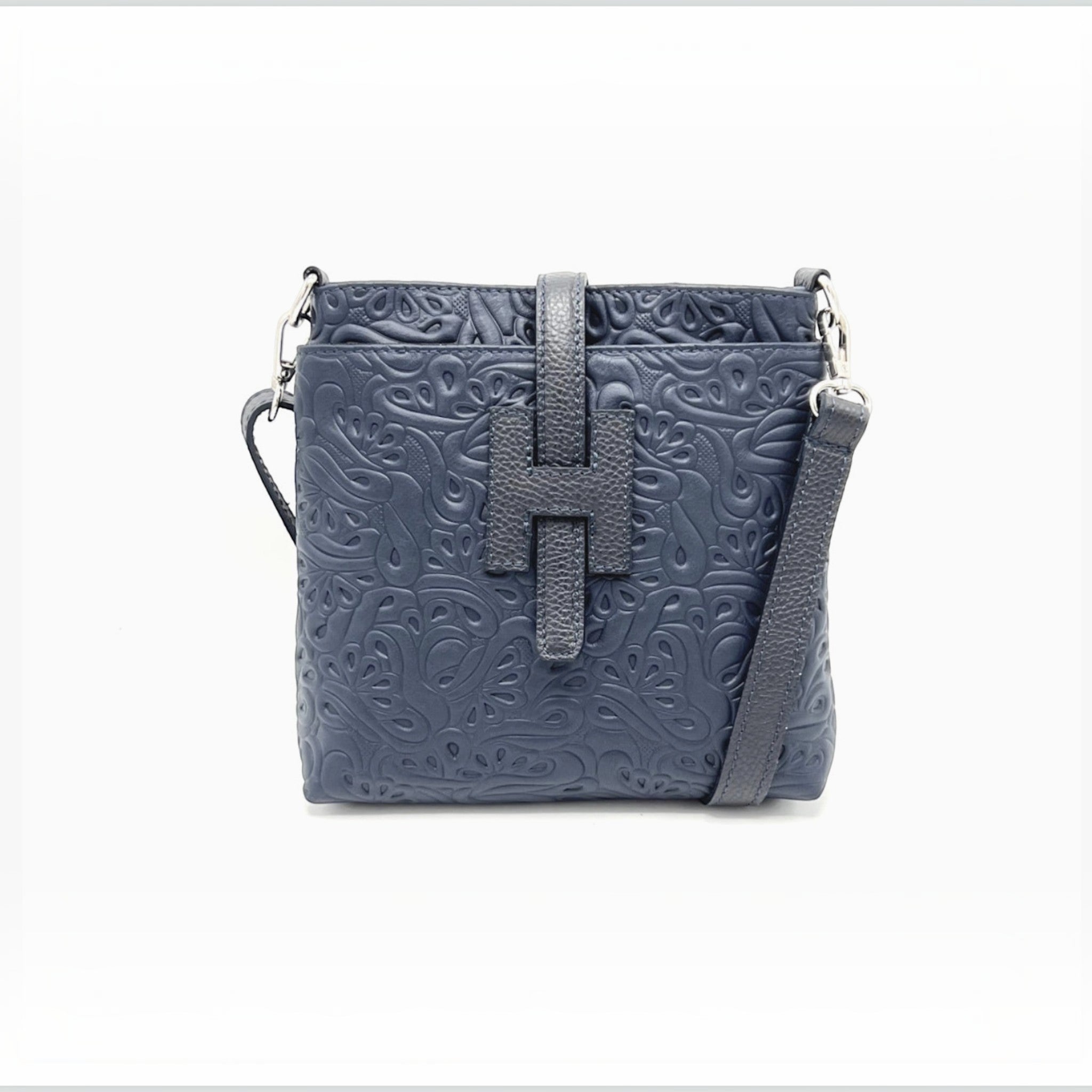 Sac d'épaule  SUIE VALENTINI en cuir bleu imprimé, fabriqué à la main en Italie avec bandoulière réglable.