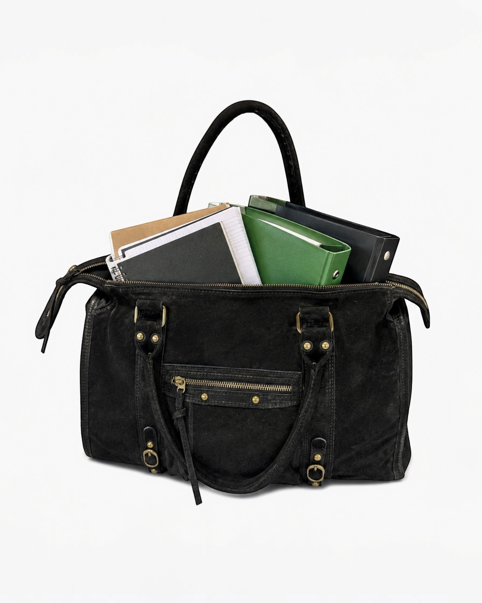 Sac fourre-tout noir en cuir suède LOUISA LEE Capucine Large, idéal pour le travail, avec compartiments zippés.