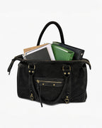 Sac fourre-tout noir en cuir suède LOUISA LEE Capucine Large, idéal pour le travail, avec compartiments zippés.