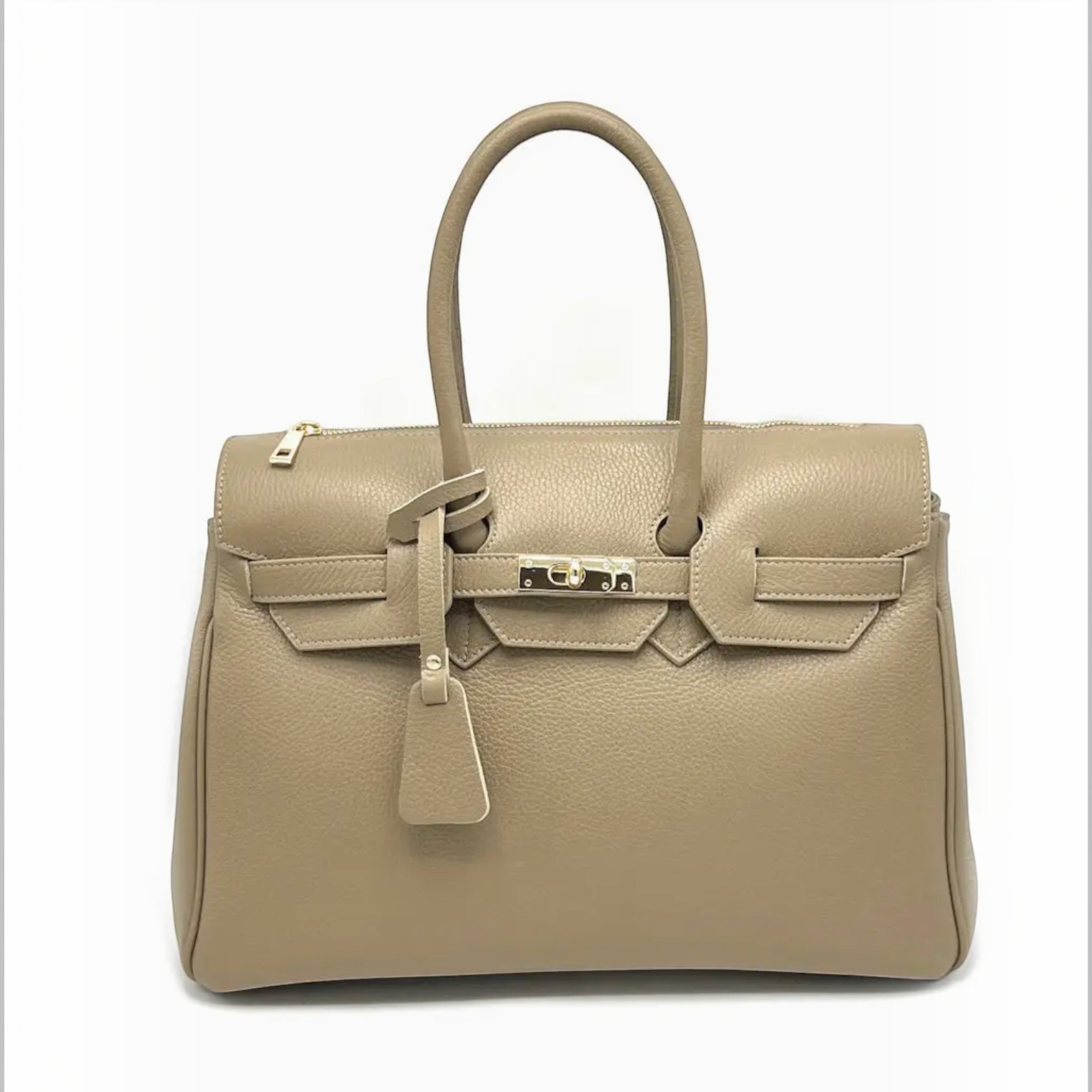 Grand sac à main professionnel  en cuir grainé beige avec finitions dorées et fermoir élégant.