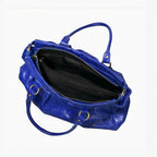Sac à main bleu électrique LOUISA LEE en cuir brossé glacé, grand volume, détails dorés, idéal pour ordinateur 16 pouces.