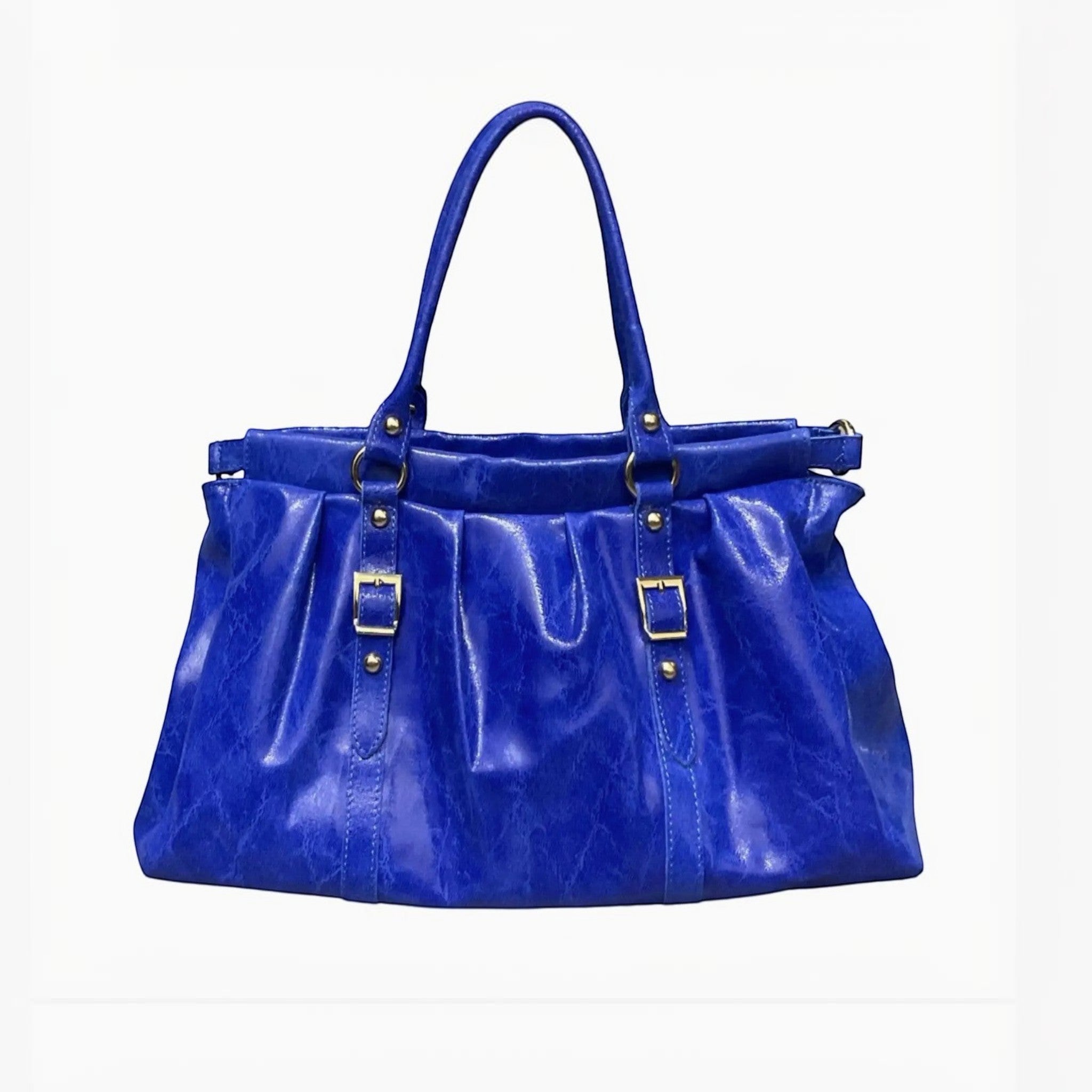 Sac à main bleu électrique LOUISA LEE en cuir brossé avec boucles dorées, idéal pour ordinateur portable 16 pouces.