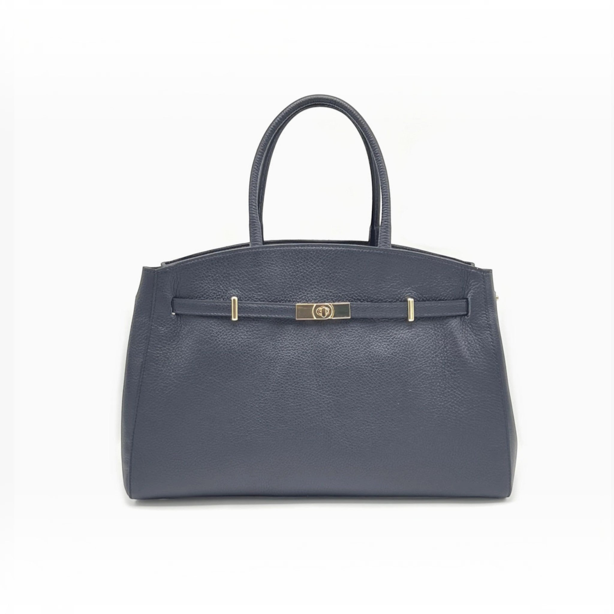 Sac à main XL  SUIE VALENTINI en cuir bleu marine grainé, fabriqué à la main en Italie avec fermoir doré.