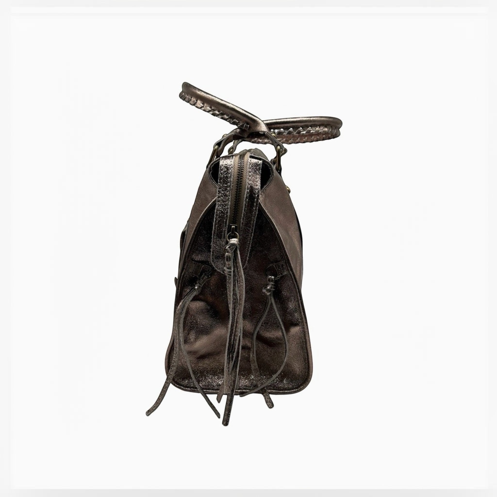 Sac à main LOUISA LEE Capucine Large en cuir irisé argenté, fabrication italienne, idéal pour ordinateur portable.