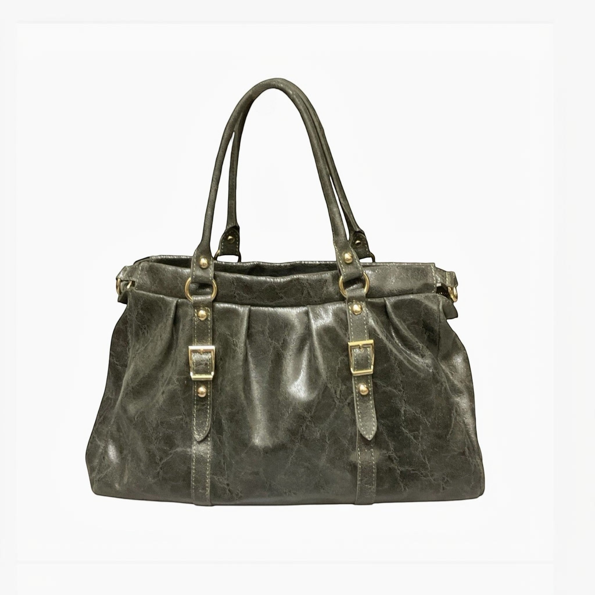 Sac à main gris foncé en cuir brossé LOUISA LEE, détails boucles dorées, grand format, fabrication italienne.
