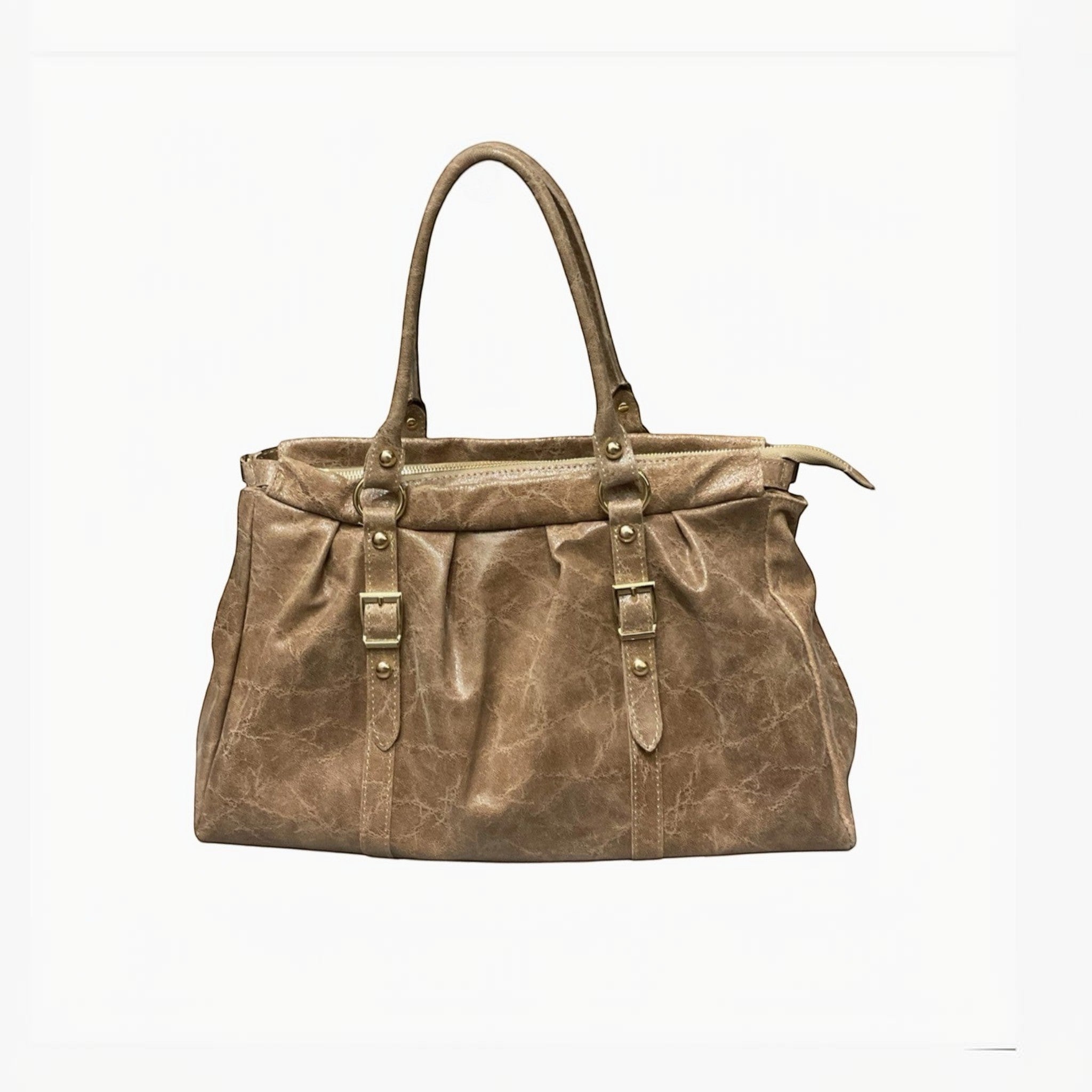 Sac à main LOUISA LEE en cuir brossé marron, détails dorés, grand format, idéal pour ordinateur portable 16 pouces.