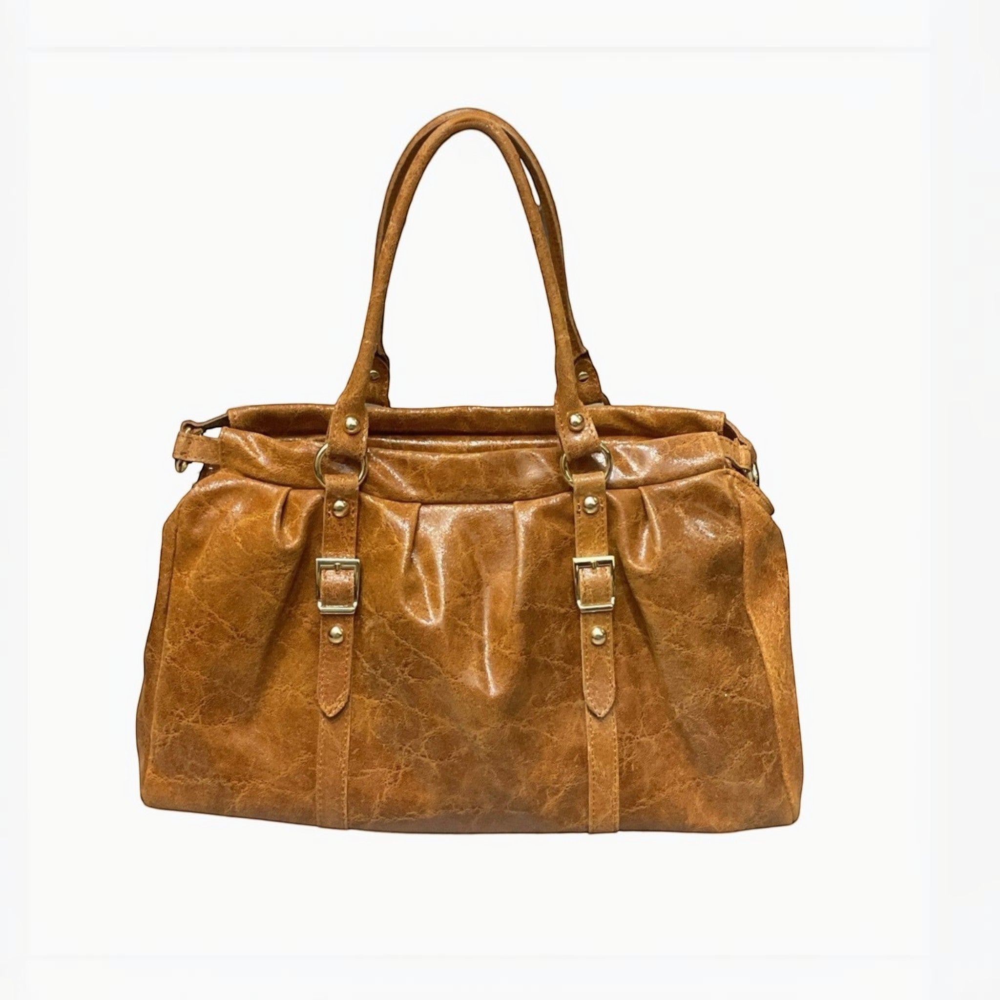Sac à main en cuir brossé marron LOUISA LEE, grand volume, détails boucles dorées, fabrication italienne.