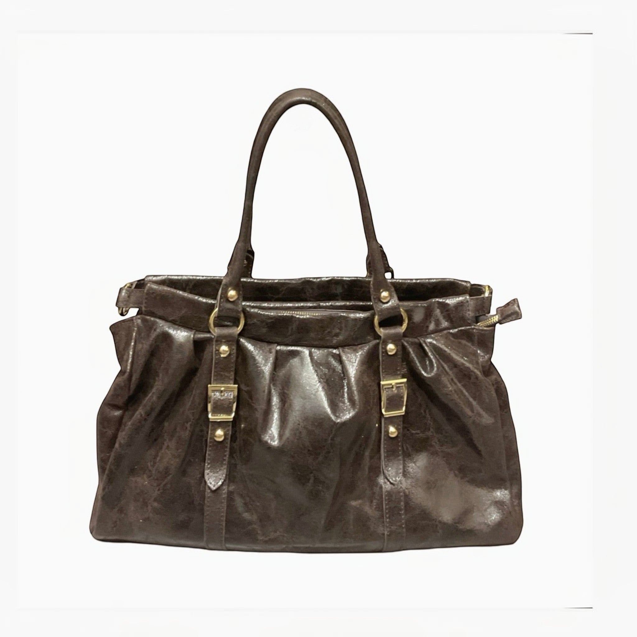 Sac à main marron en cuir brossé LOUISA LEE Lydia, détails boucles dorées, fabrication italienne.