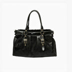 Sac à main noir en cuir brossé LOUISA LEE Lydia, détails boucles dorées, idéal pour ordinateur 16 pouces.