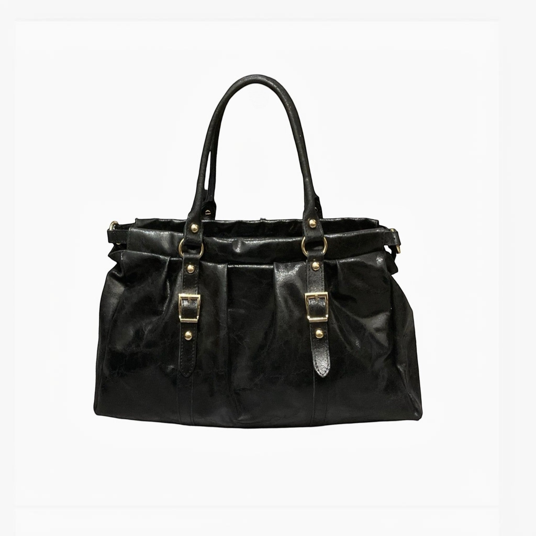 Sac à main noir en cuir brossé LOUISA LEE Lydia, détails boucles dorées, idéal pour ordinateur 16 pouces.