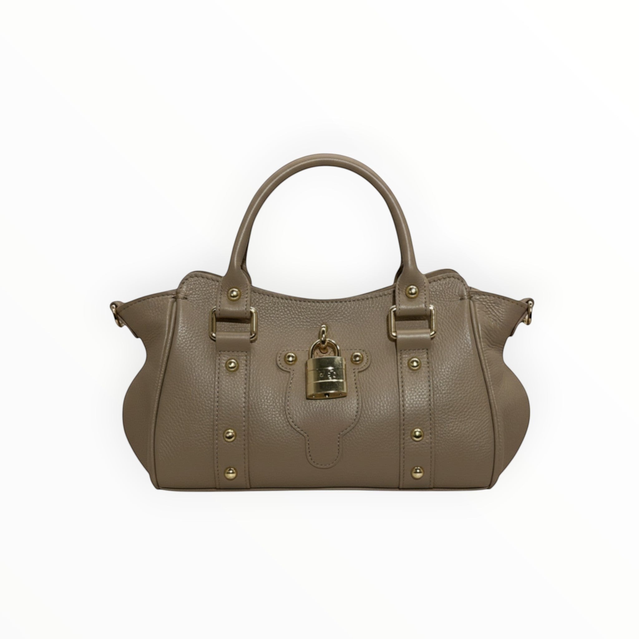 Sac à main  LOUISA LEE Madeleine en cuir de vachette grainé taupe avec fermoir cadenas et détails dorés.