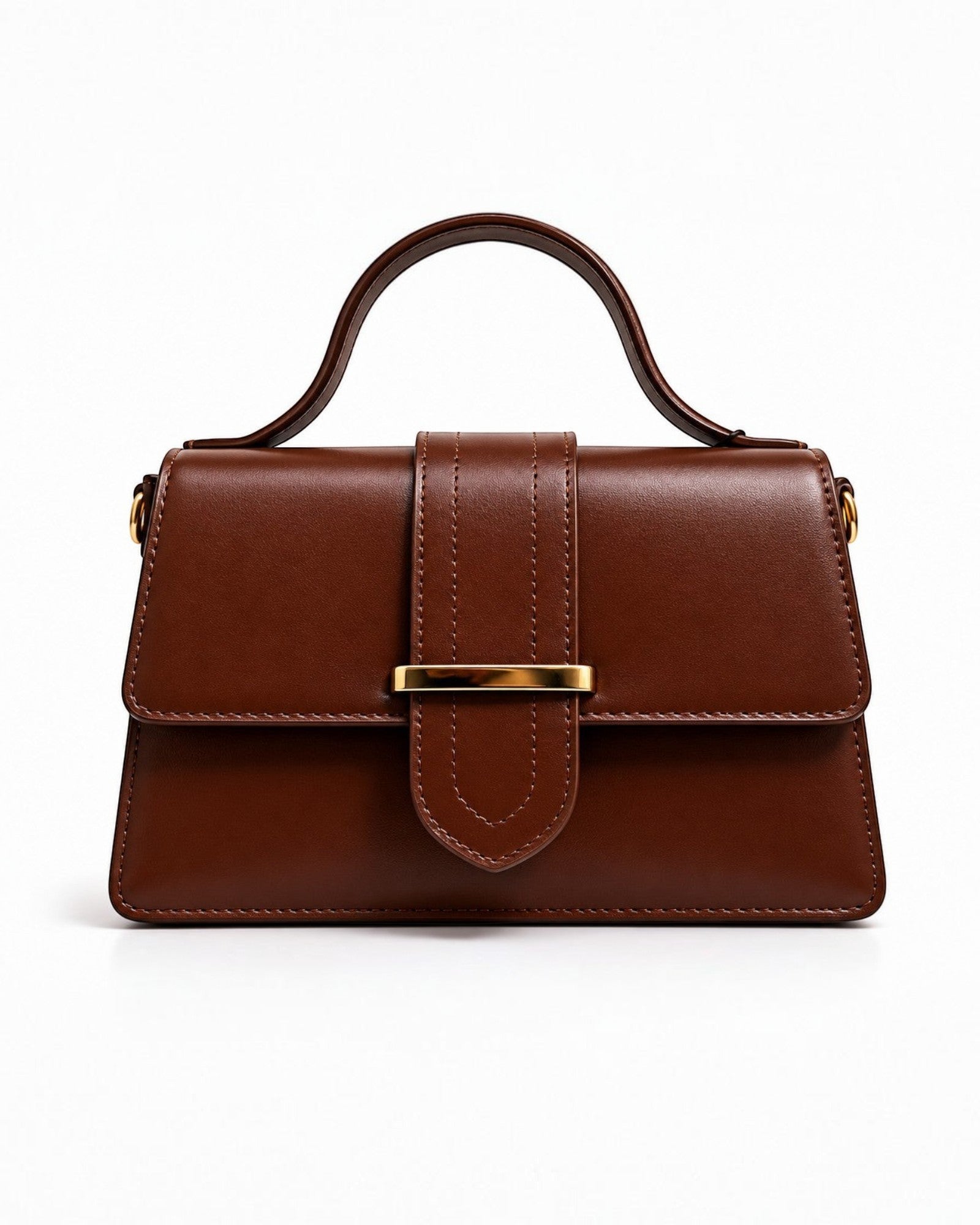 Sac à main structuré en cuir marron avec fermoir doré et poignée supérieure. Polyvalent et élégant.