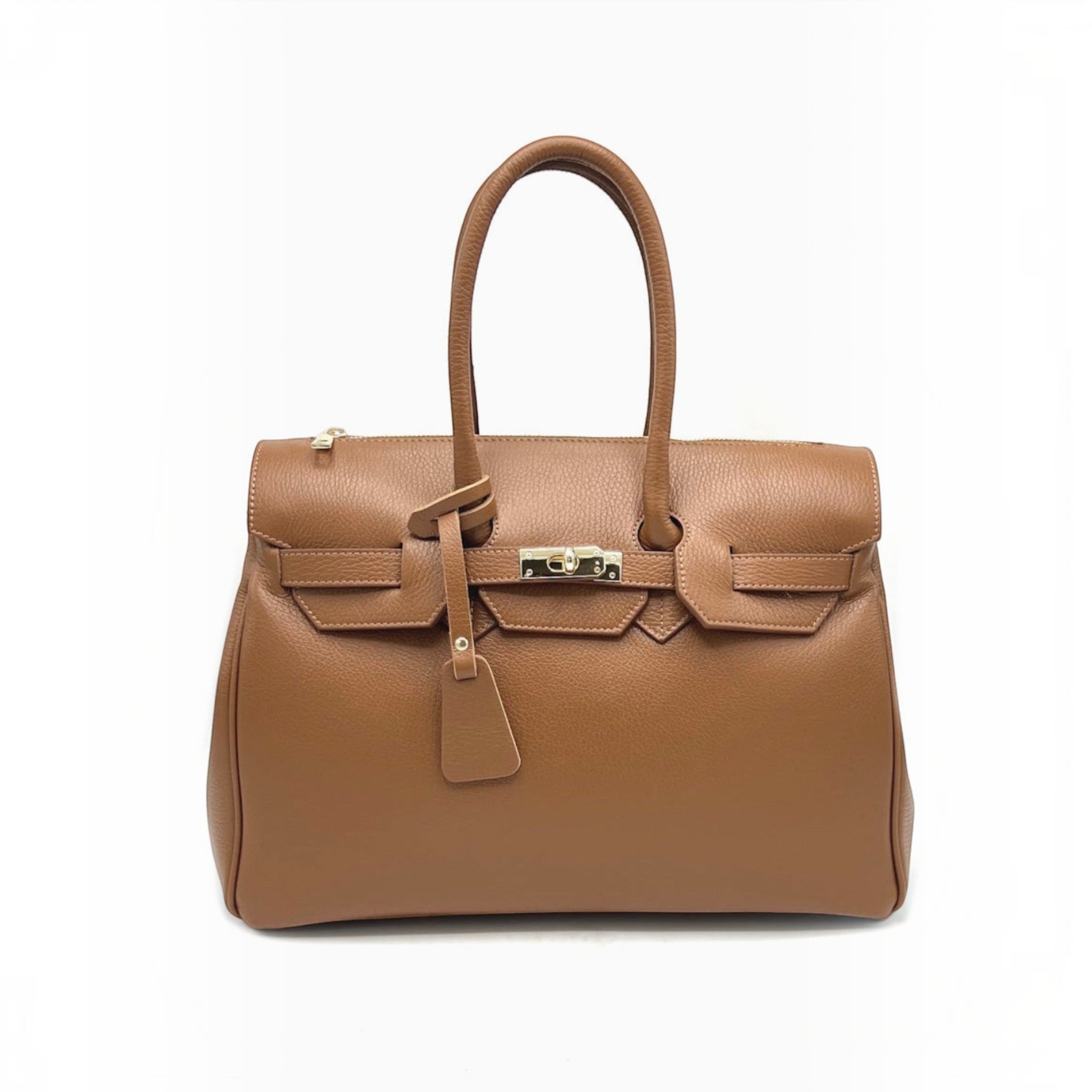 Grand sac à main professionnel  en cuir grainé marron avec fermoir doré et anses robustes pour femme.