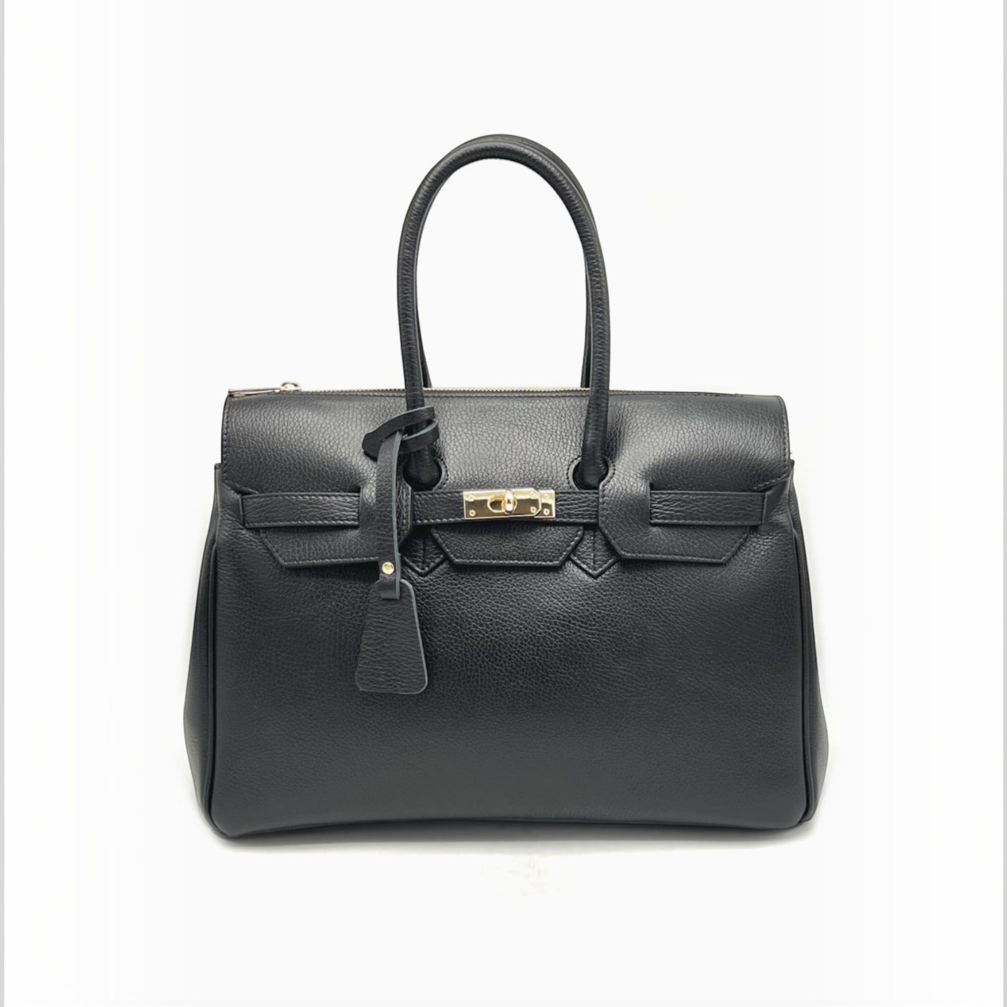 Grand sac à main professionnel en cuir noir grainé avec fermoir doré et poignées structurées.