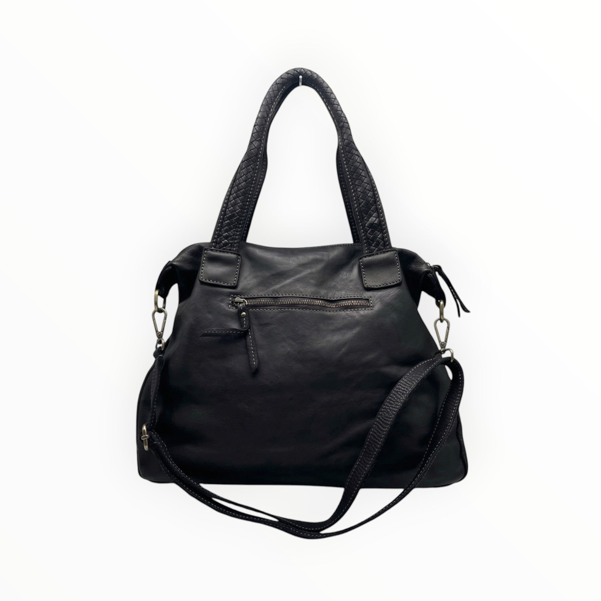 Sac à main en cuir noir avec anses tressées, fermeture zippée et bandoulière amovible réglable.