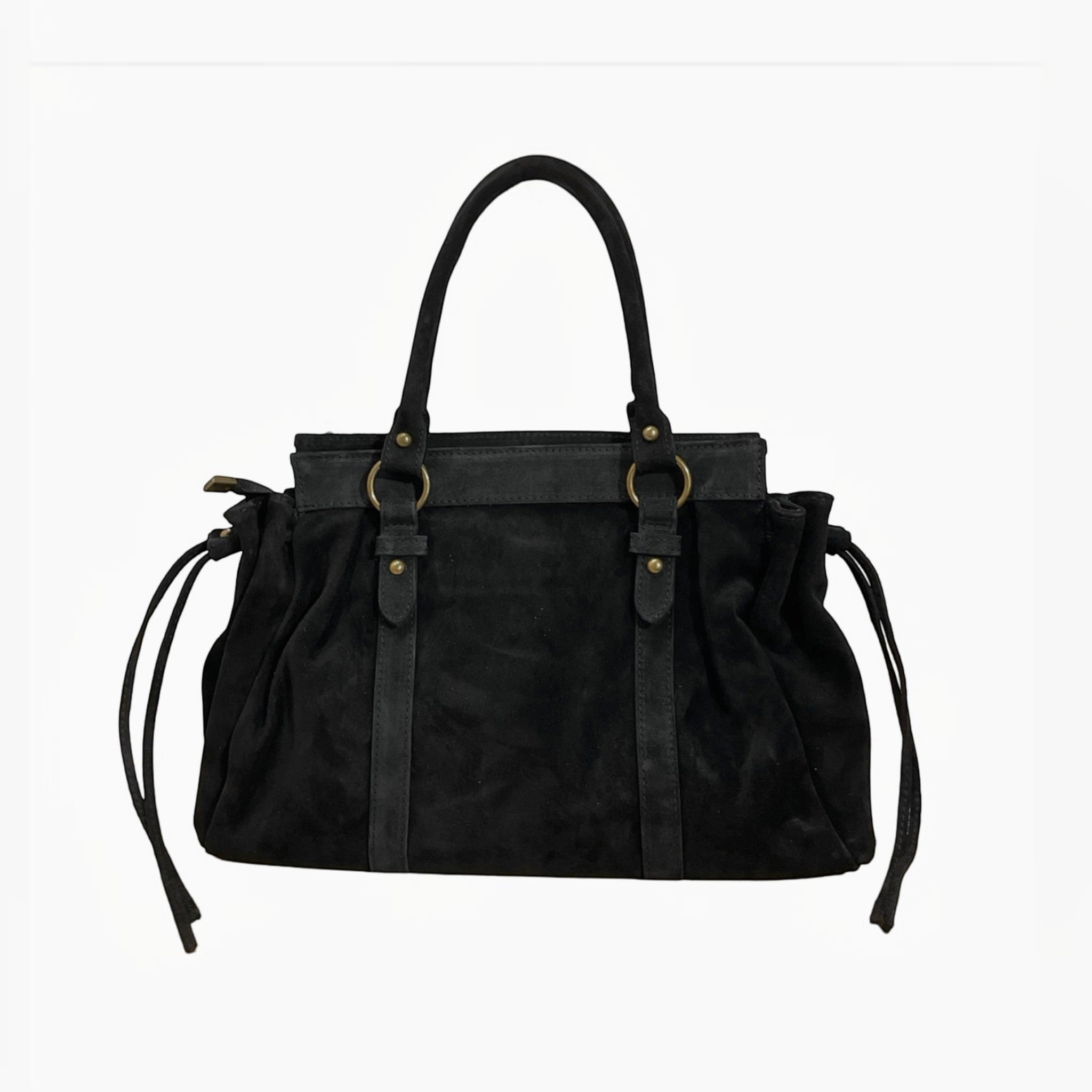 Sac à main LOUISA LEE Gilia en cuir suédé noir, format 16 pouces avec finitions dorées et anses élégantes.
