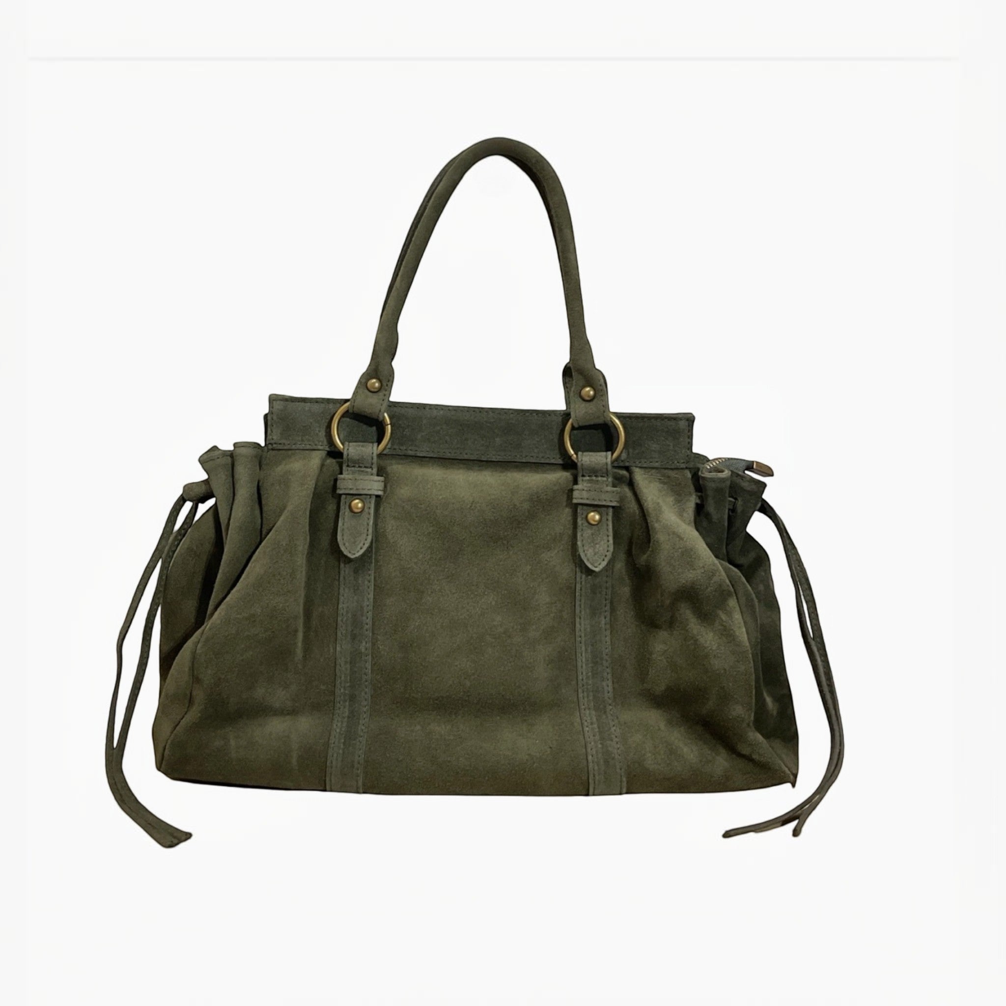 Sac à main LOUISA LEE Gilia en cuir suédé vert kaki, format 16 pouces avec finitions dorées, vendu par
