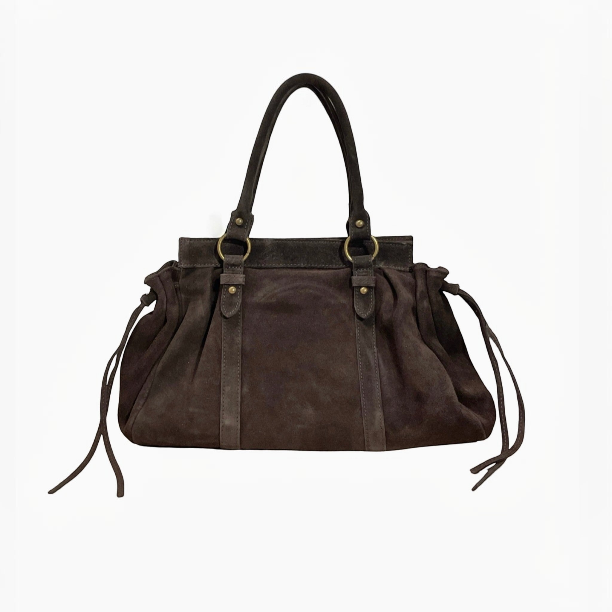 Sac à main LOUISA LEE Gilia en cuir suédé marron, format 16 pouces avec finitions dorées, disponible