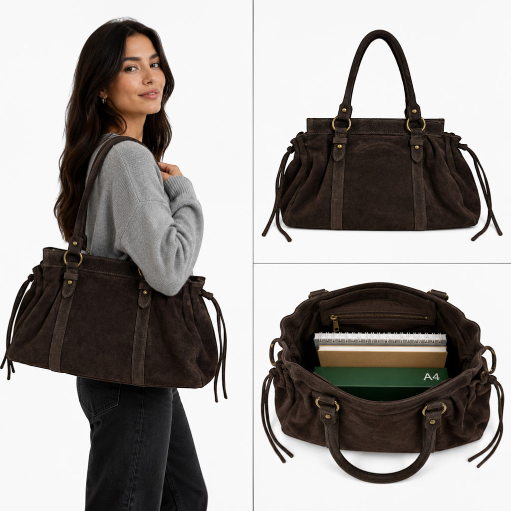 Sac à main  LOUISA LEE Gilia en cuir suédé marron, grand format 16 pouces avec finitions dorées porté épaule.