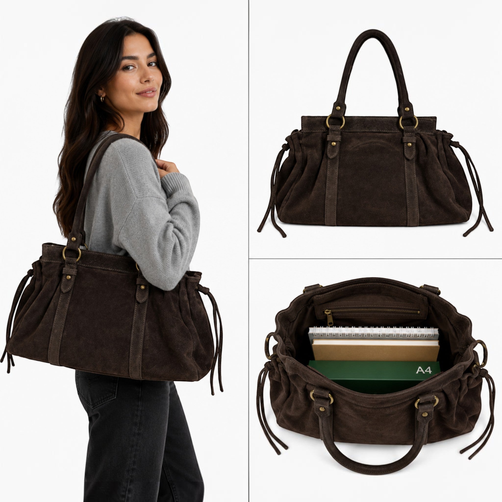 Sac à main  LOUISA LEE Gilia en cuir suédé marron, grand format 16 pouces avec finitions dorées porté épaule.