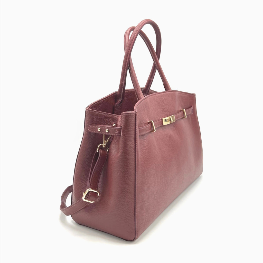 Sac à main XL SUIE VALENTINI en cuir véritable bordeaux, fabriqué à la main en Italie avec bandoulière réglable.